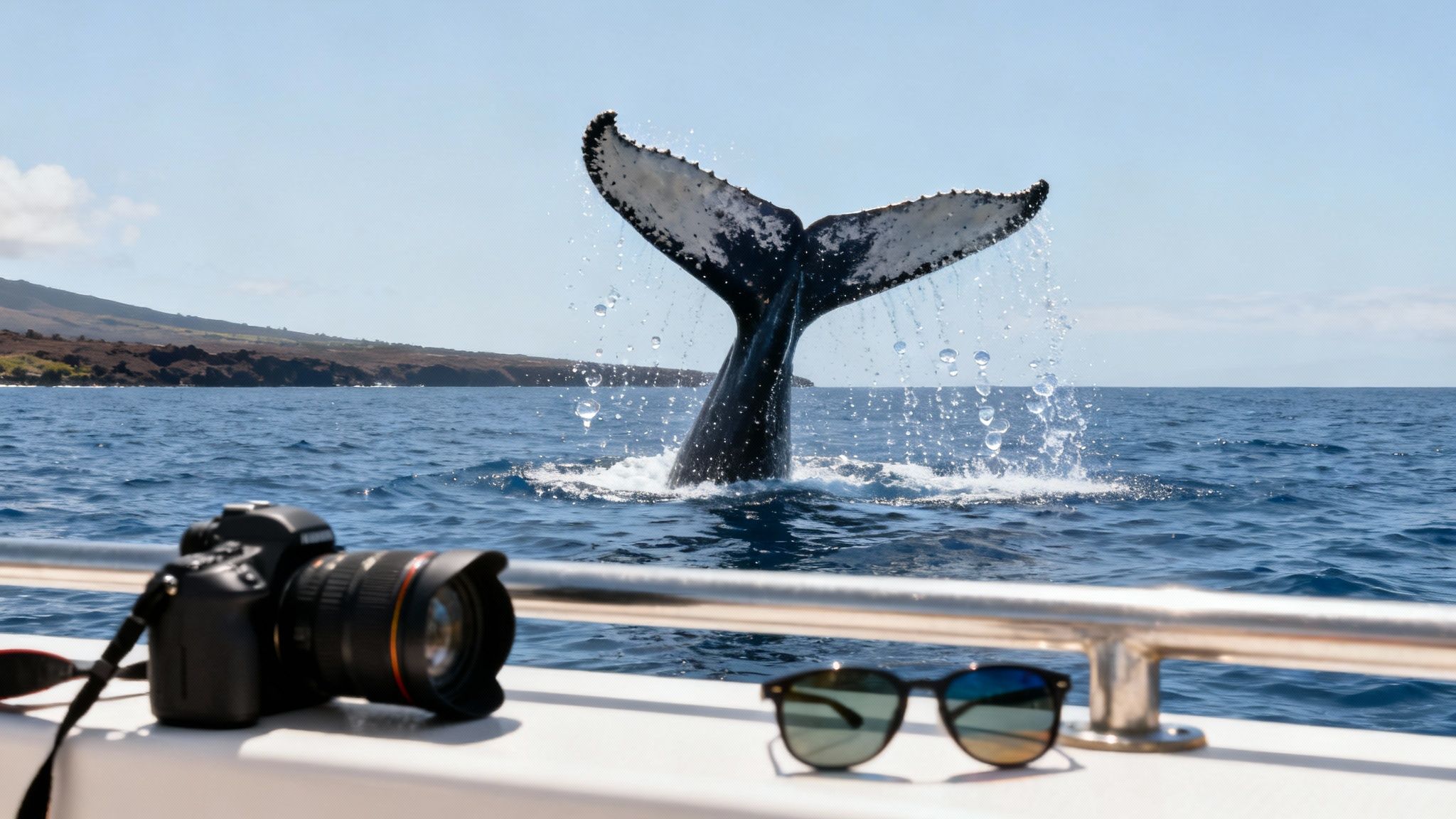 Humpback whale tail breaches the blue ocean, spraying water, with a camera and sunglasses on a boat.