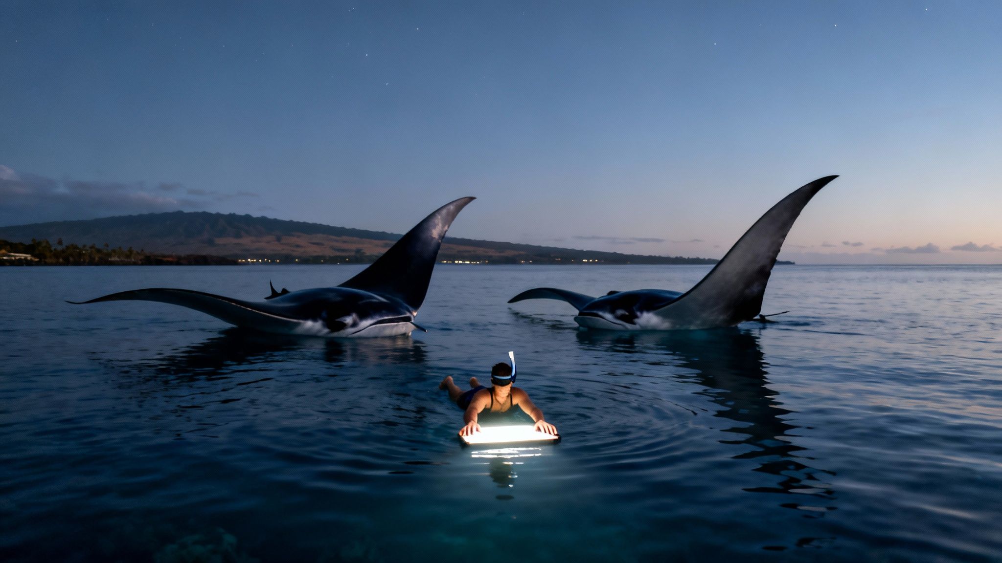 A person snorkeling at night with a glowing board, surrounded by two large manta rays in clear water.