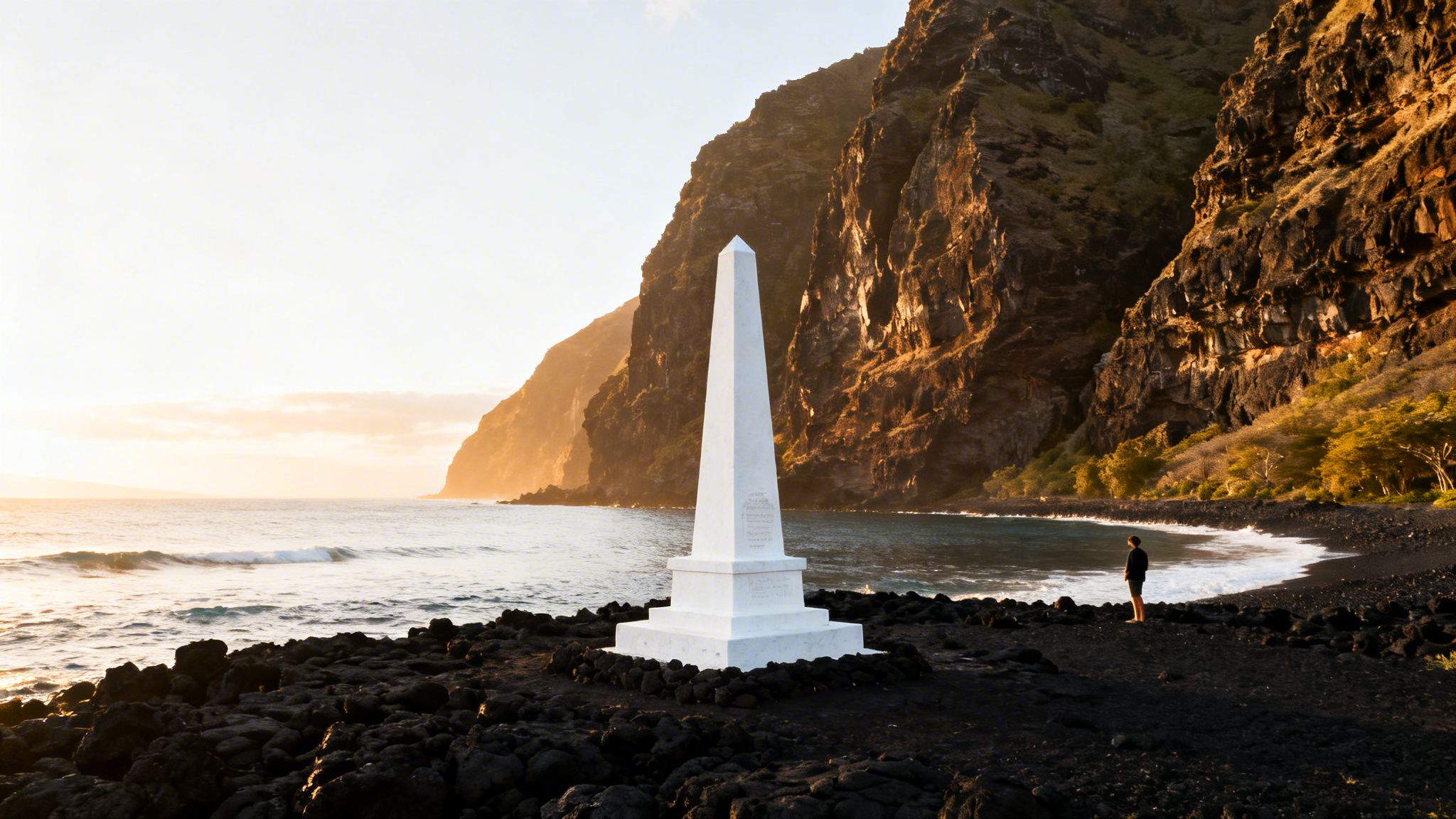A white Captain Cook monument stands on a black lava rock beach at sunset, with a person and cliffs.