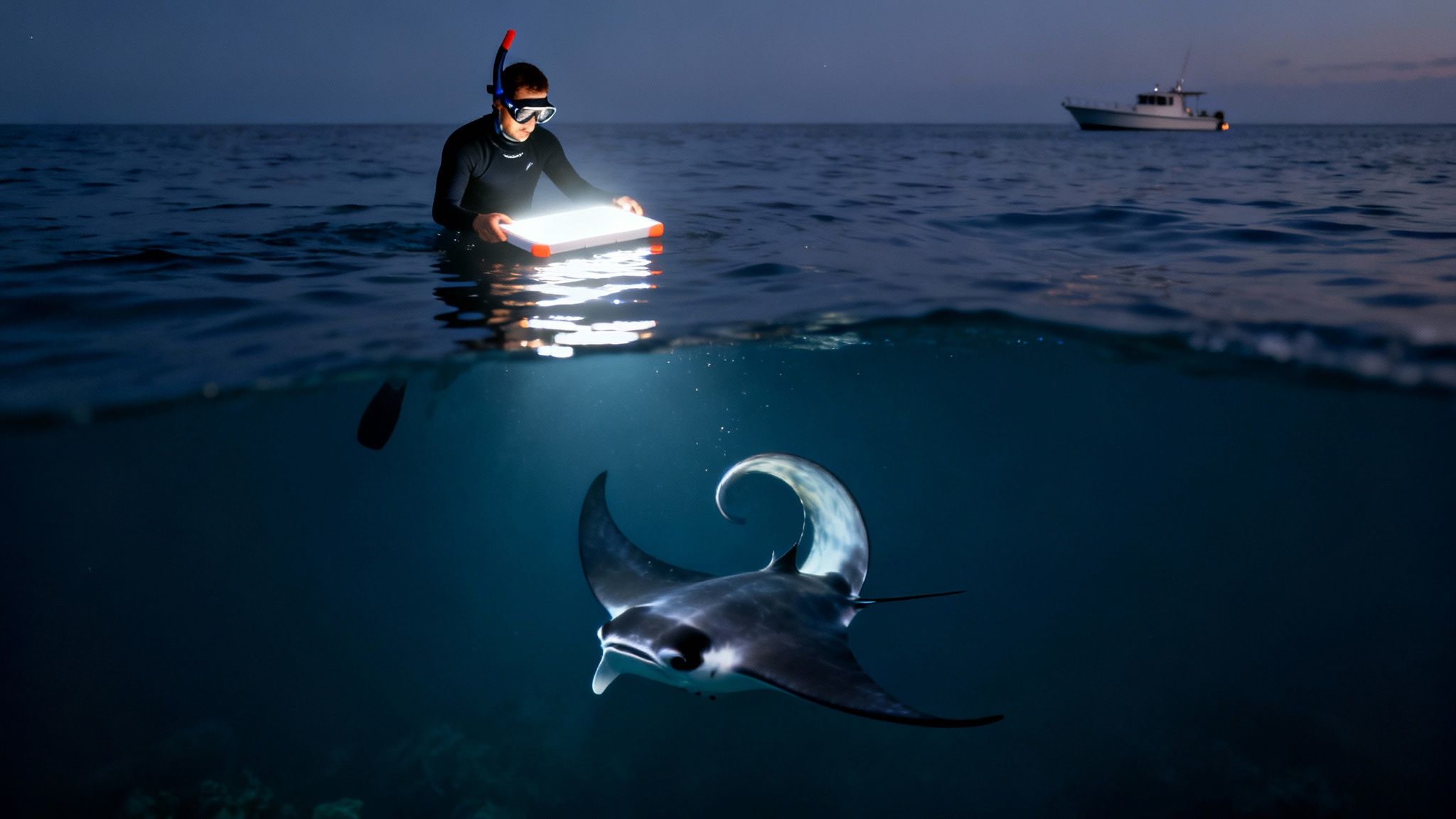 A snorkeler shines a light attracting a majestic manta ray under the ocean at night.