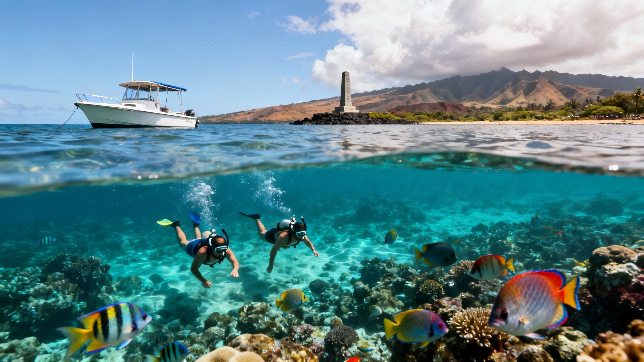 A split view showing a boat and coastline above water, and two divers with colorful fish and coral below.