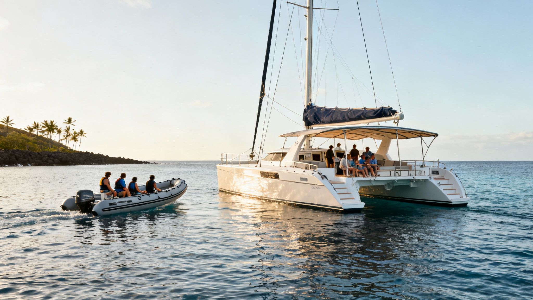 A catamaran and a dinghy with people in tropical waters near an island with palm trees at sunset.