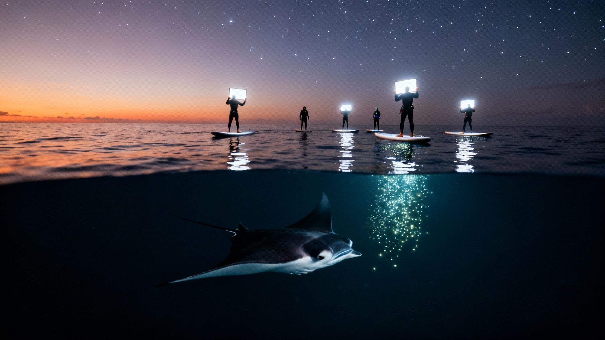 A group of snorkelers holding onto a light board at night, watching a giant manta ray feed below them in Kona.