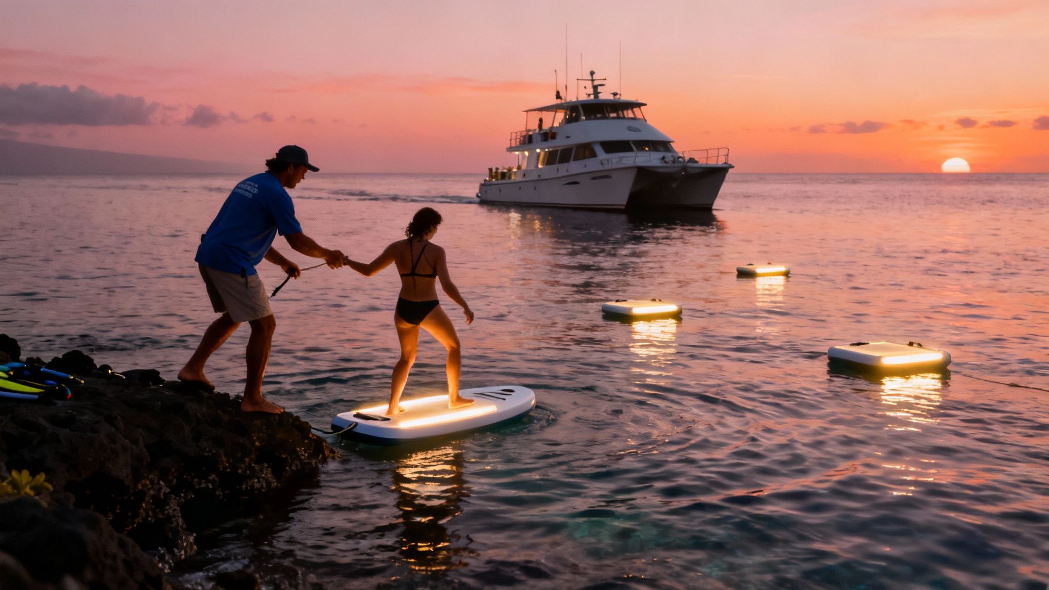 A manta ray gracefully barrel rolls in the illuminated water beneath snorkelers.