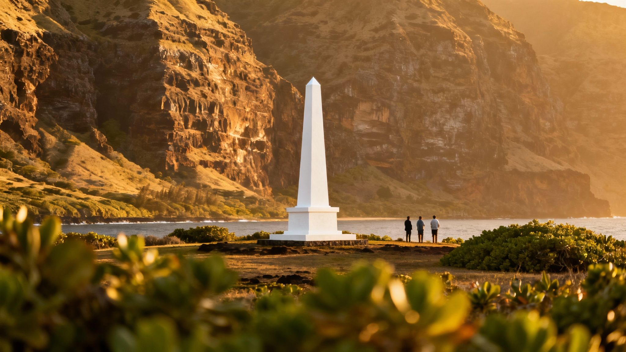 A white obelisk stands on a golden-lit Hawaiian coast with three people and rugged cliffs at sunset.
