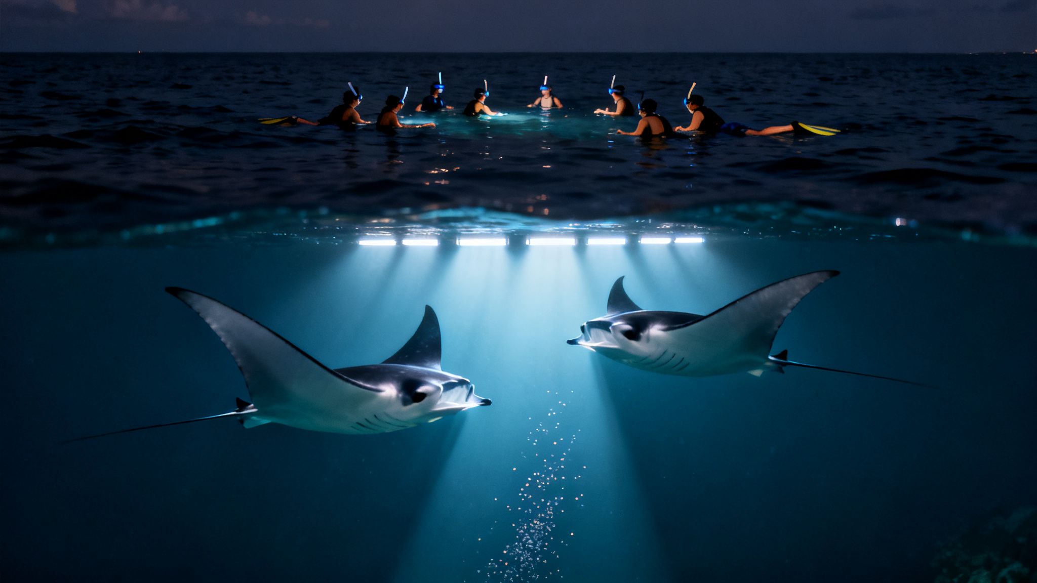 People snorkeling at night watching two majestic manta rays illuminated by underwater lights.