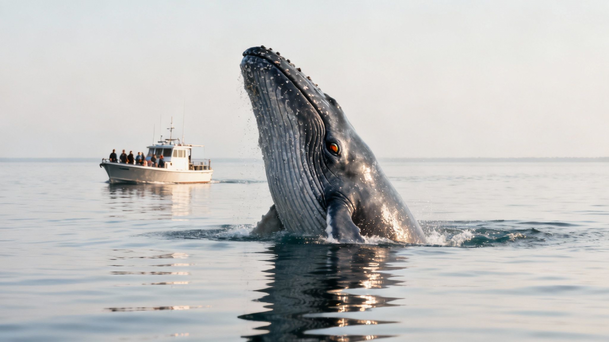 A humpback whale's tail emerging from the water in a powerful slap.