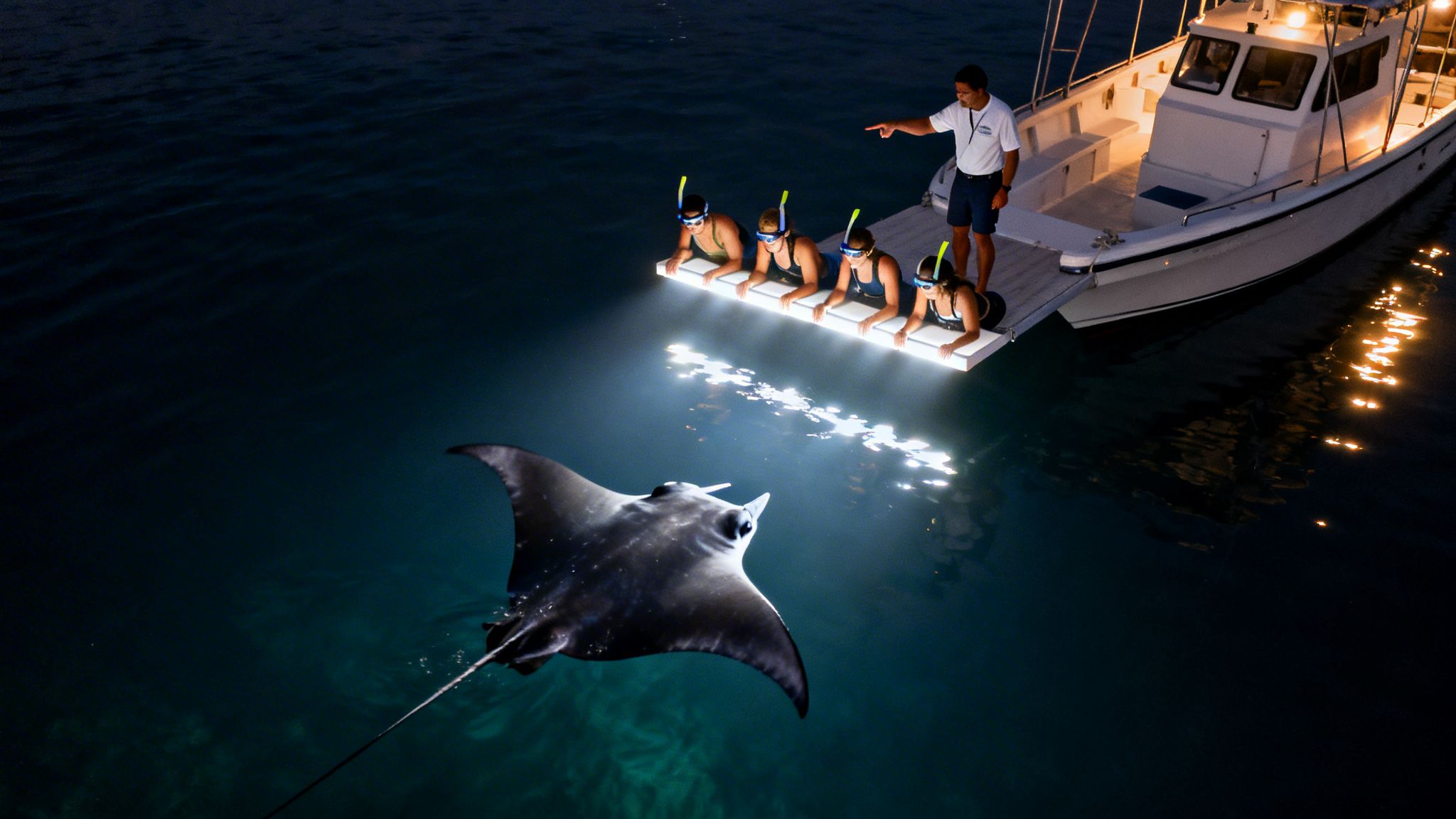 Four people on a boat at night, watching a giant manta ray swim in illuminated water.