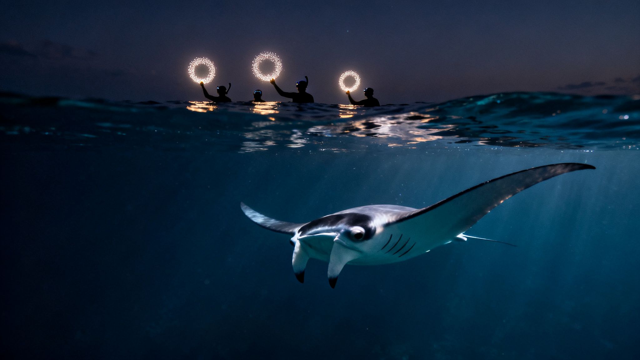A majestic manta ray swims underwater at night while four people above hold glowing rings.