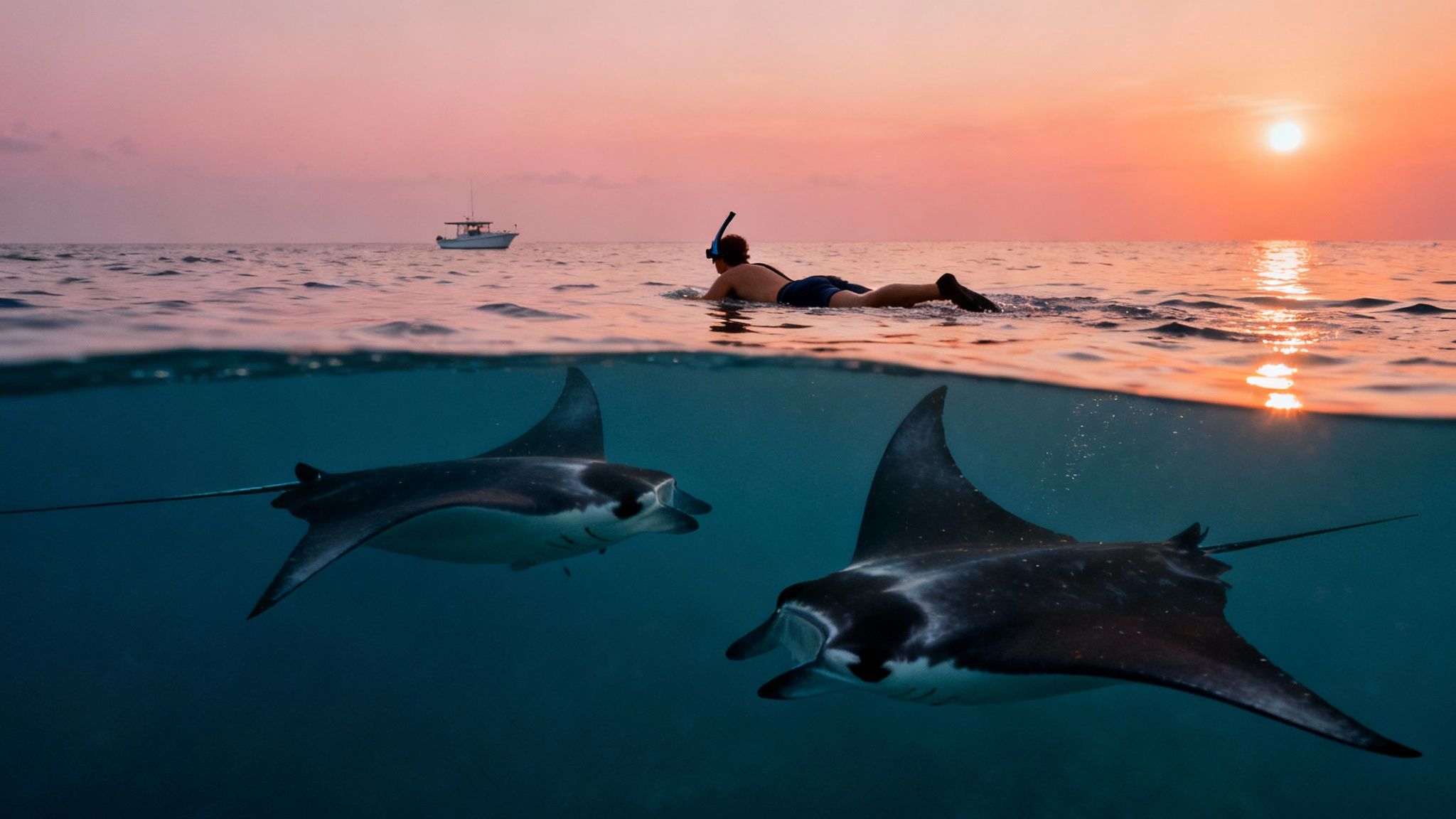 A snorkeler observes two majestic manta rays gracefully swimming beneath the water at sunset.