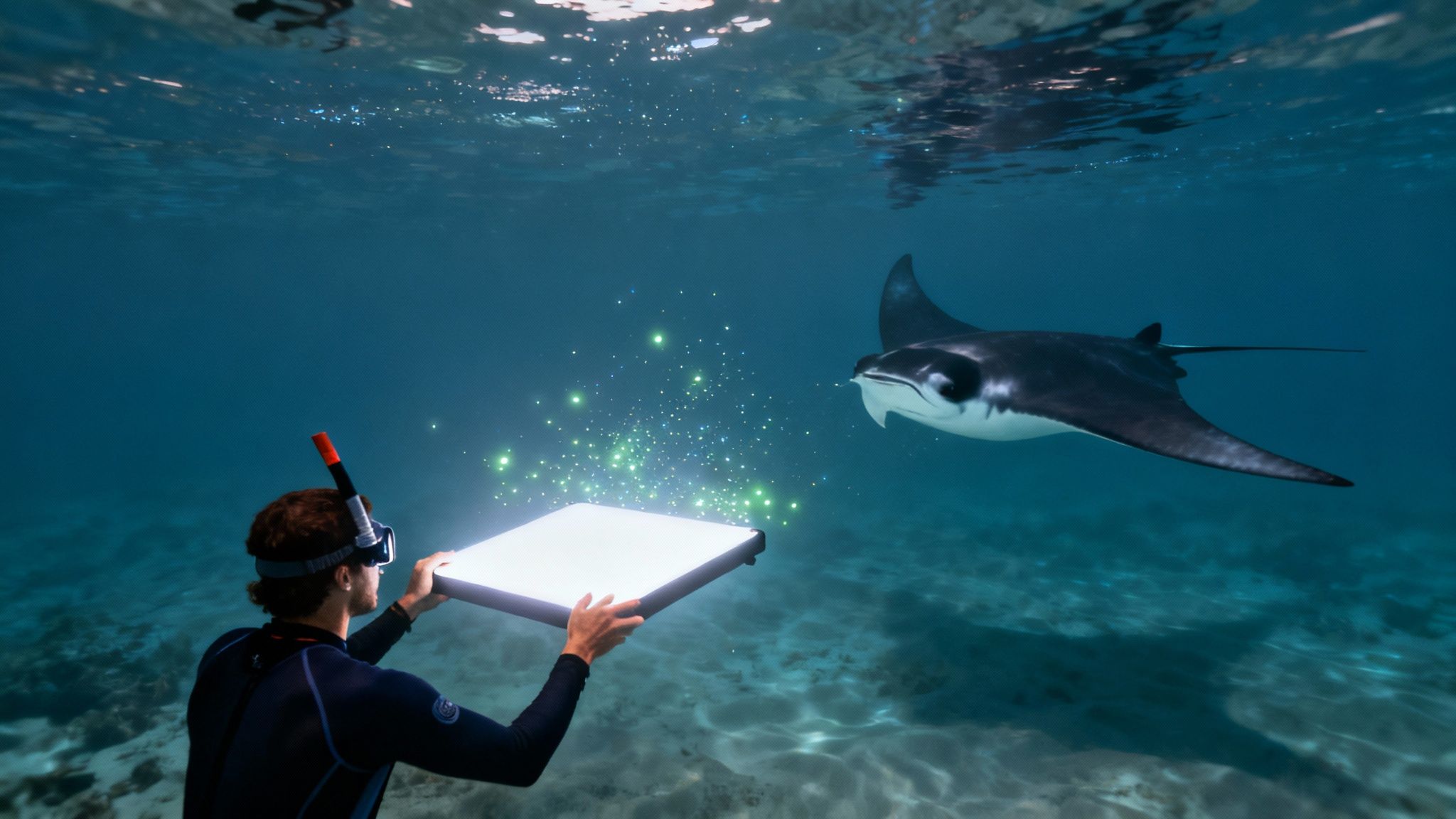 A snorkeler holds a glowing panel underwater, attracting a manta ray with shimmering light.