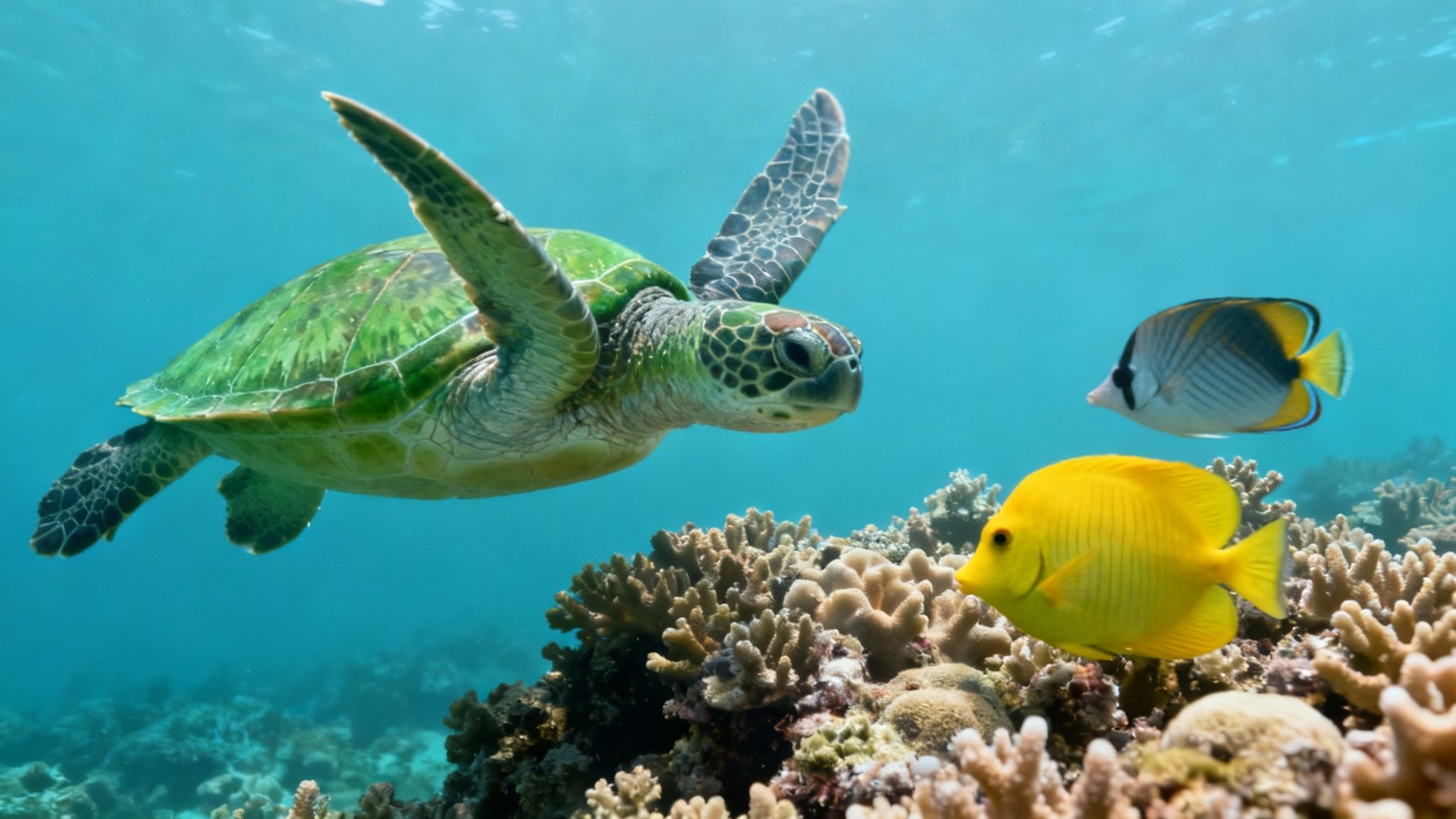 Green sea turtle swimming above coral reef with colorful tropical fish in clear blue ocean water