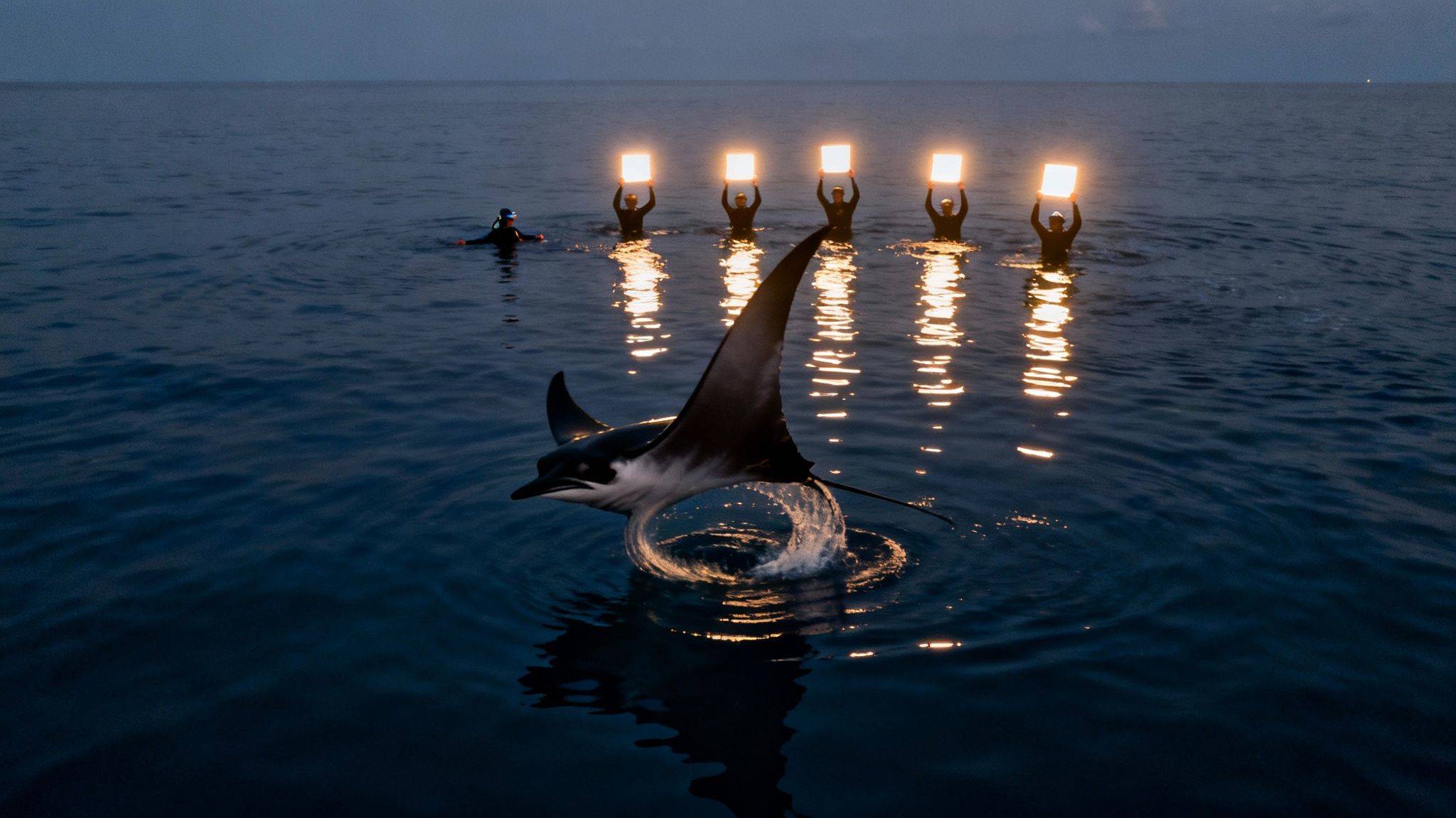 A group of snorkelers holding onto a floating light board as manta rays swim beneath them.