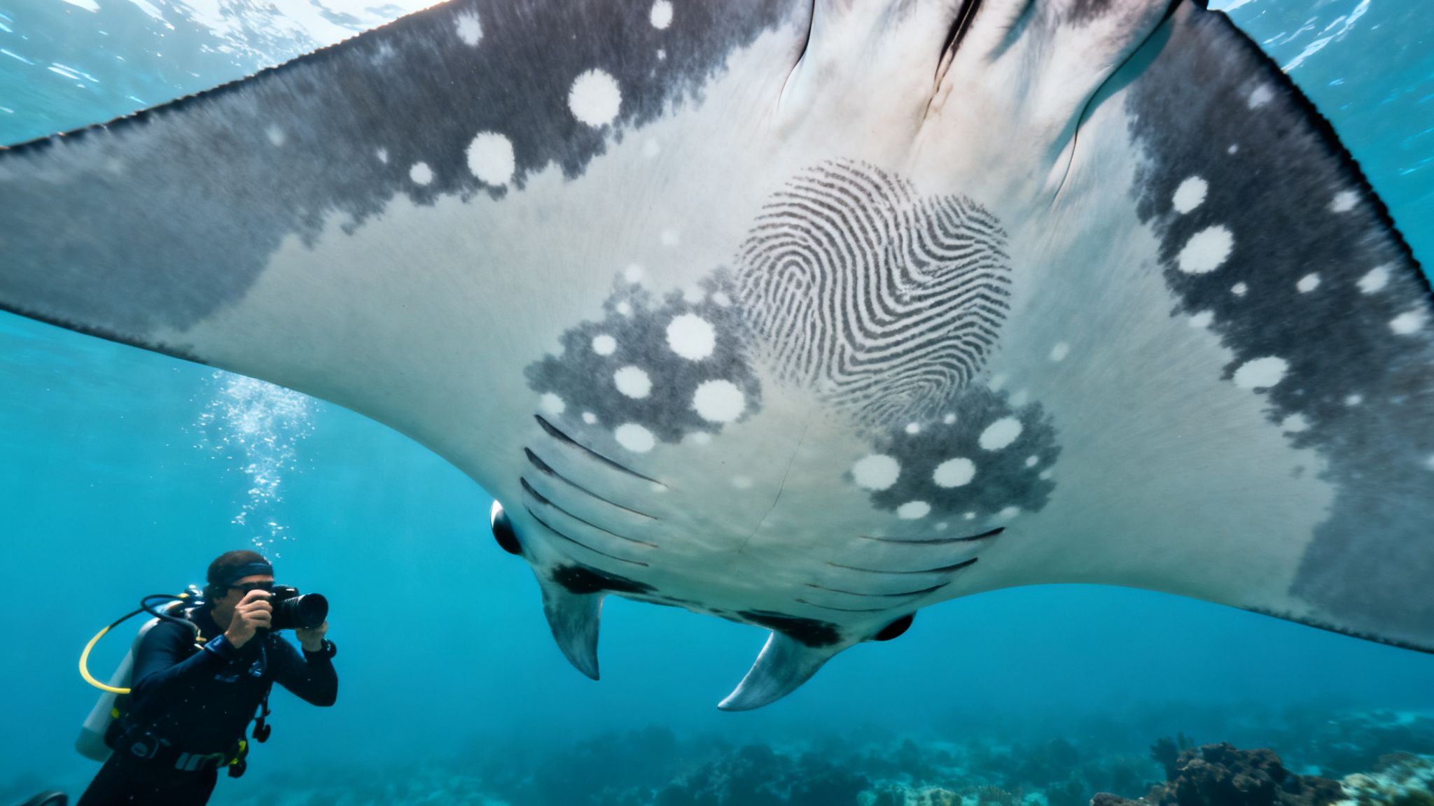 Underwater view of a scuba diver photographing a giant manta ray with unique markings.