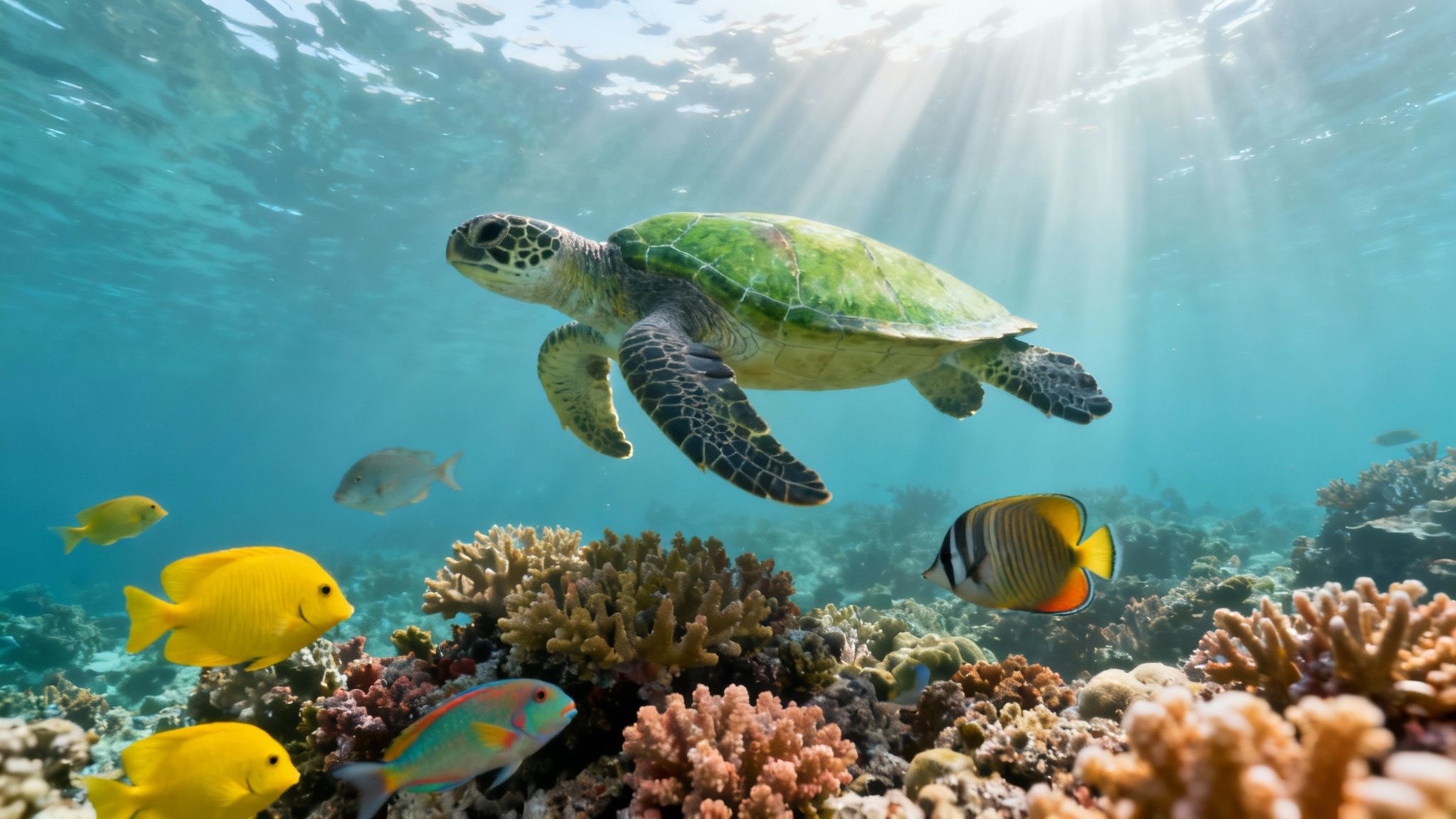 A majestic green sea turtle swims gracefully over a vibrant coral reef with colorful fish in clear blue ocean waters.