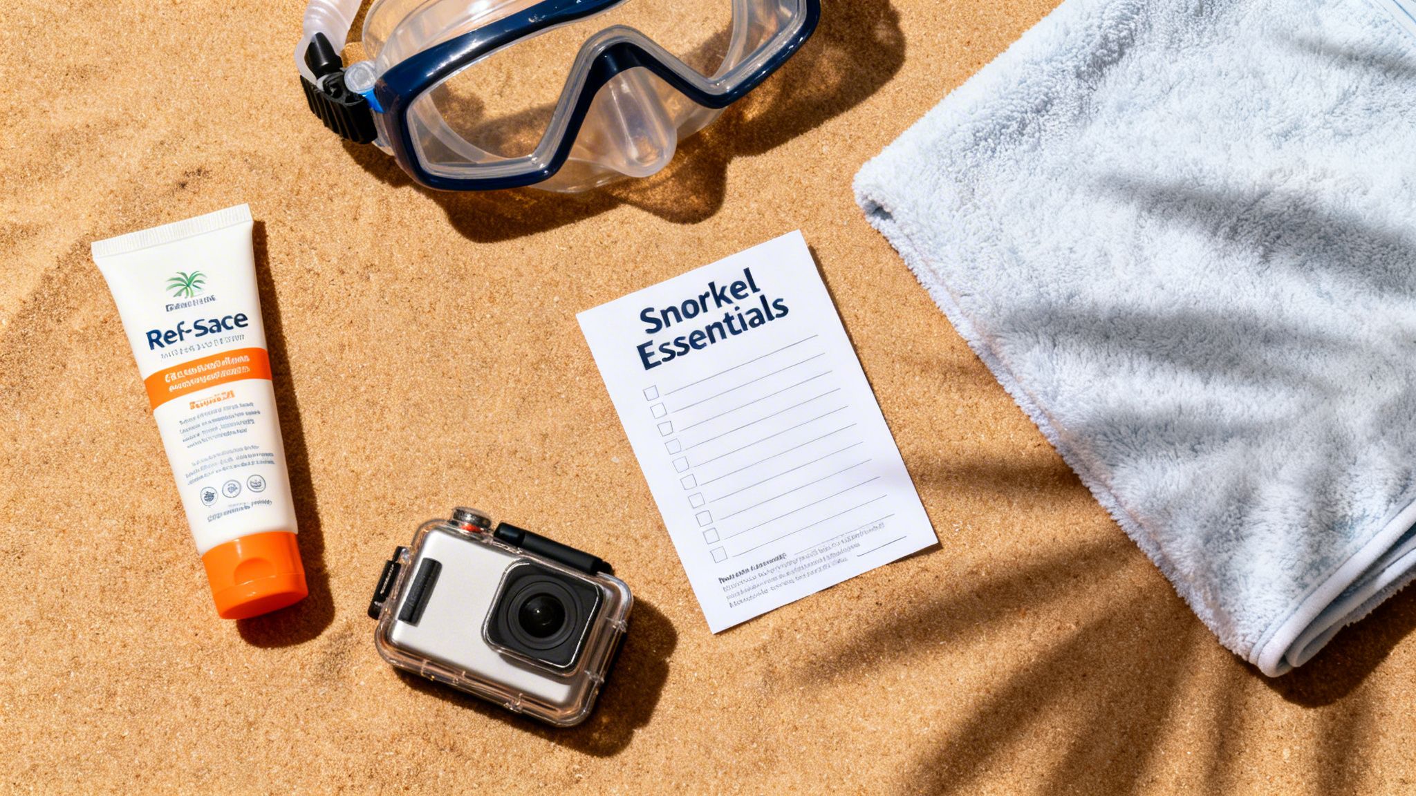 Snorkeling essentials including a mask, sunscreen, camera, towel, and checklist on golden sand.