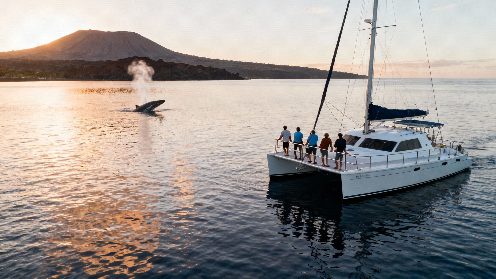 Humpback whale breaching near catamaran boat during sunset whale watching tour in Kona Hawaii
