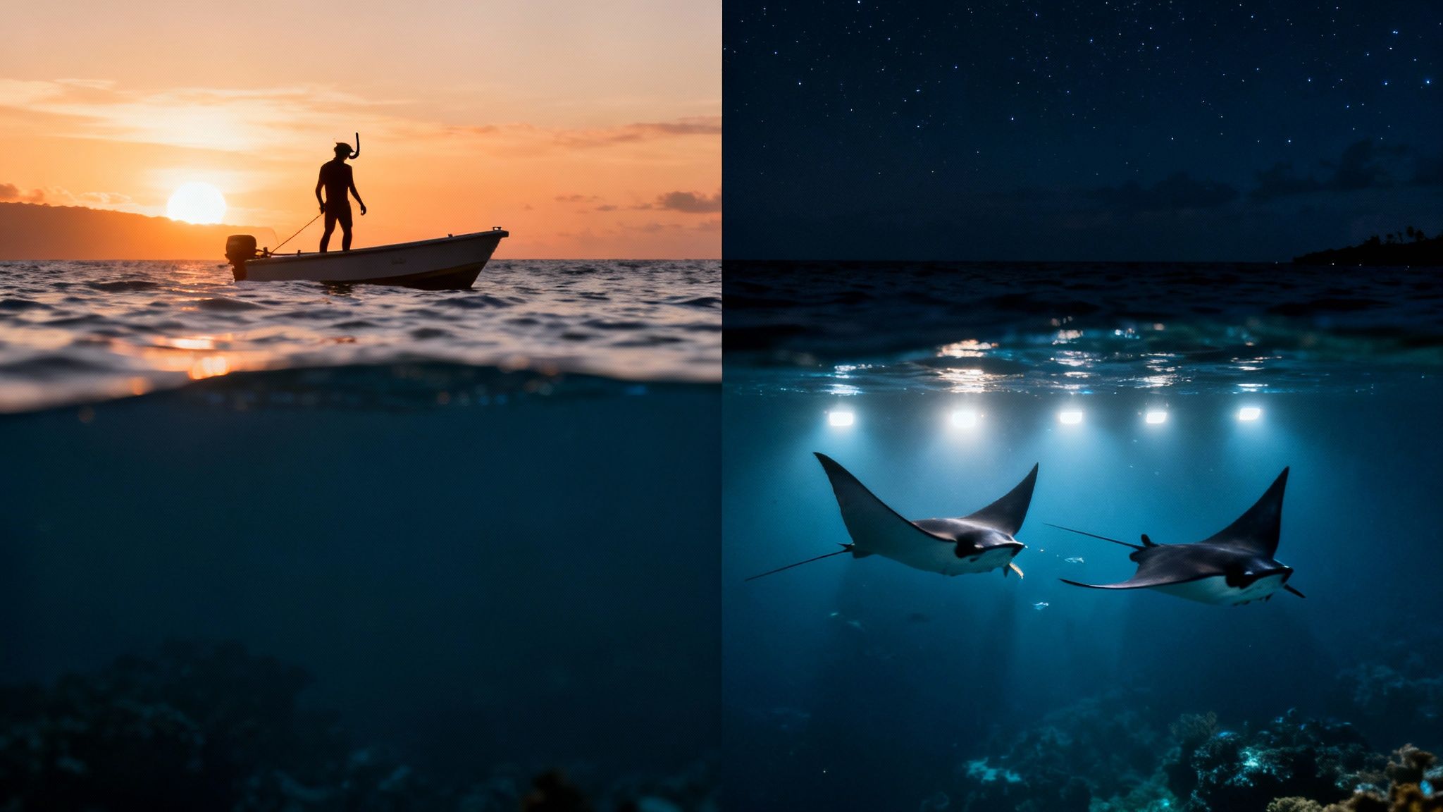 Split image of a snorkeler on a boat at sunset and manta rays swimming under a starry night.
