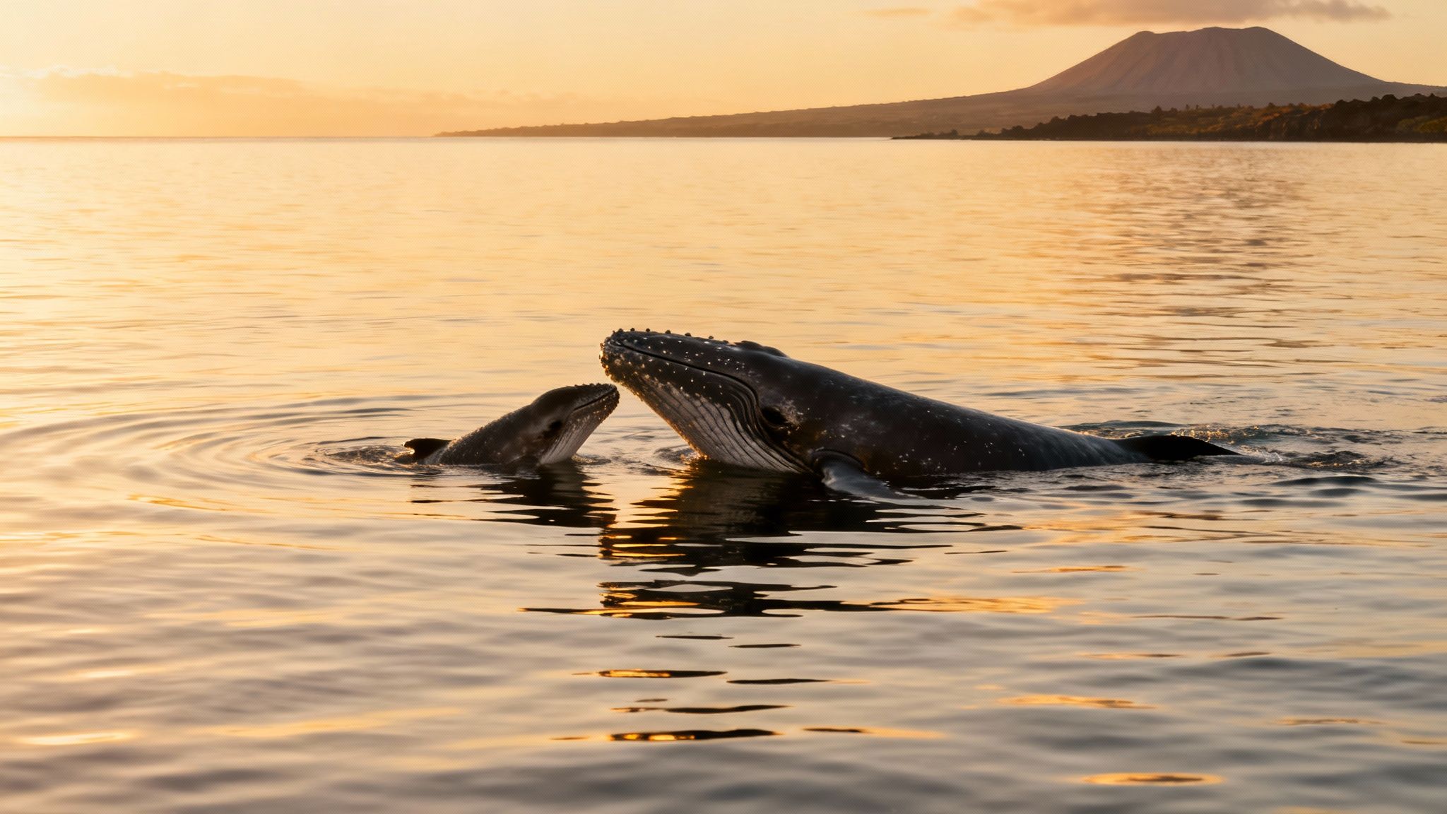 A mother humpback whale and her calf surface at sunset in golden ocean water with a volcanic island in the distance.