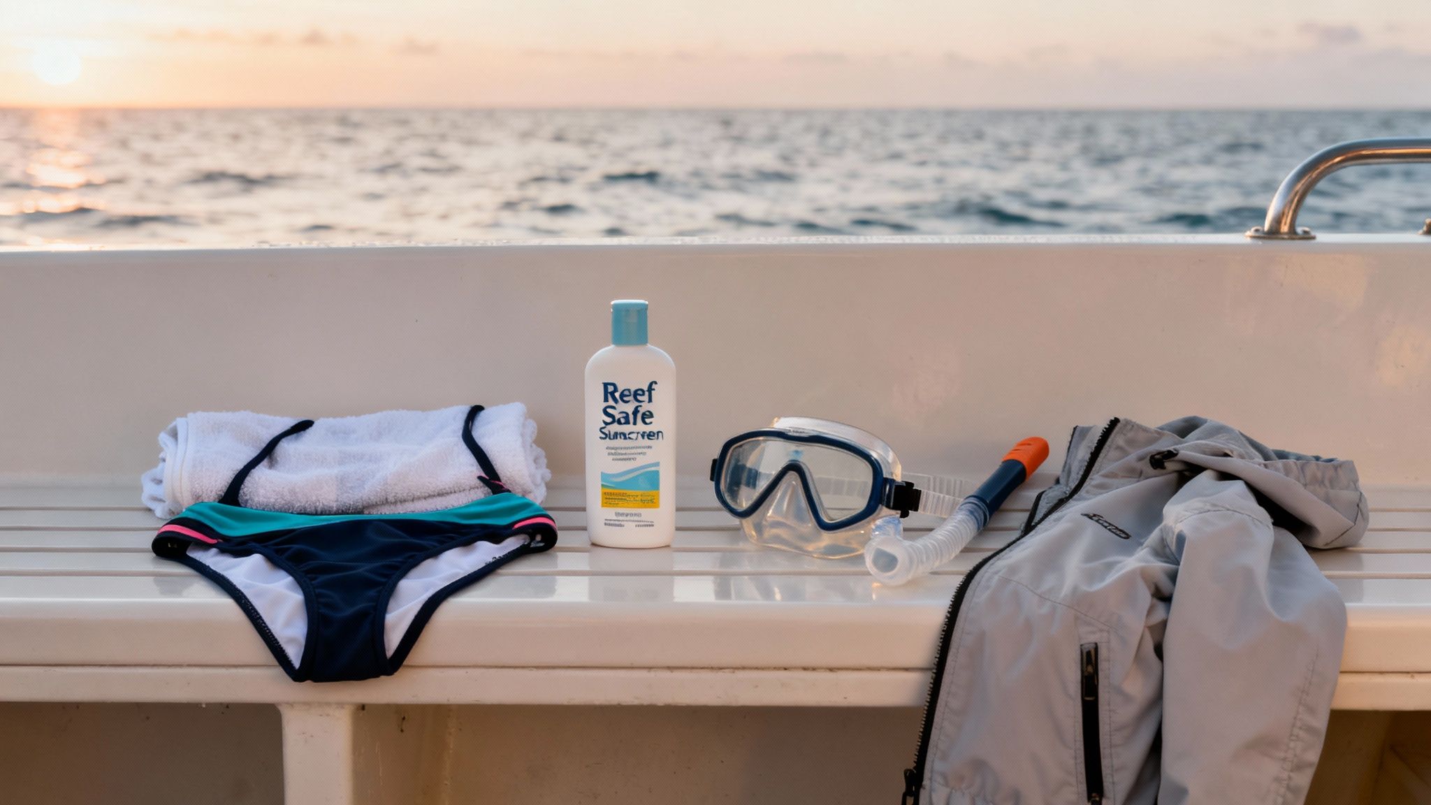 Snorkeling gear, swimsuit, and reef-safe sunscreen on a boat deck with a sunset ocean view.