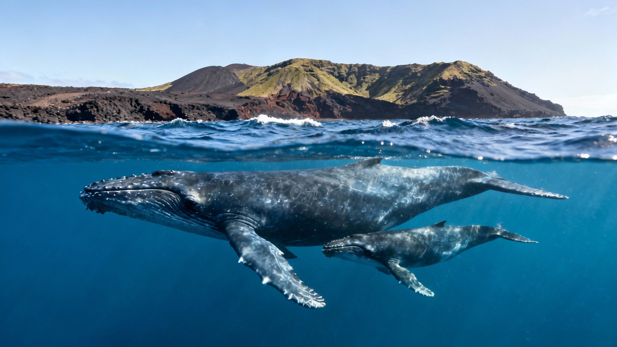 A massive humpback whale breaches, showcasing its size and power against the blue ocean.