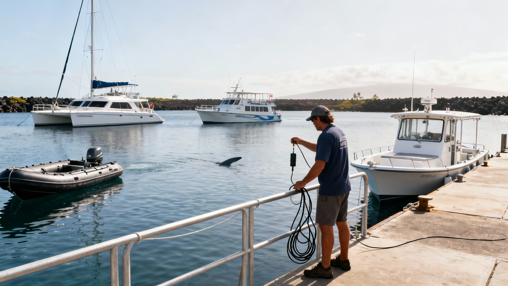 A man on a dock holds equipment as a whale fin emerges from the water, with boats in a sunny harbor.