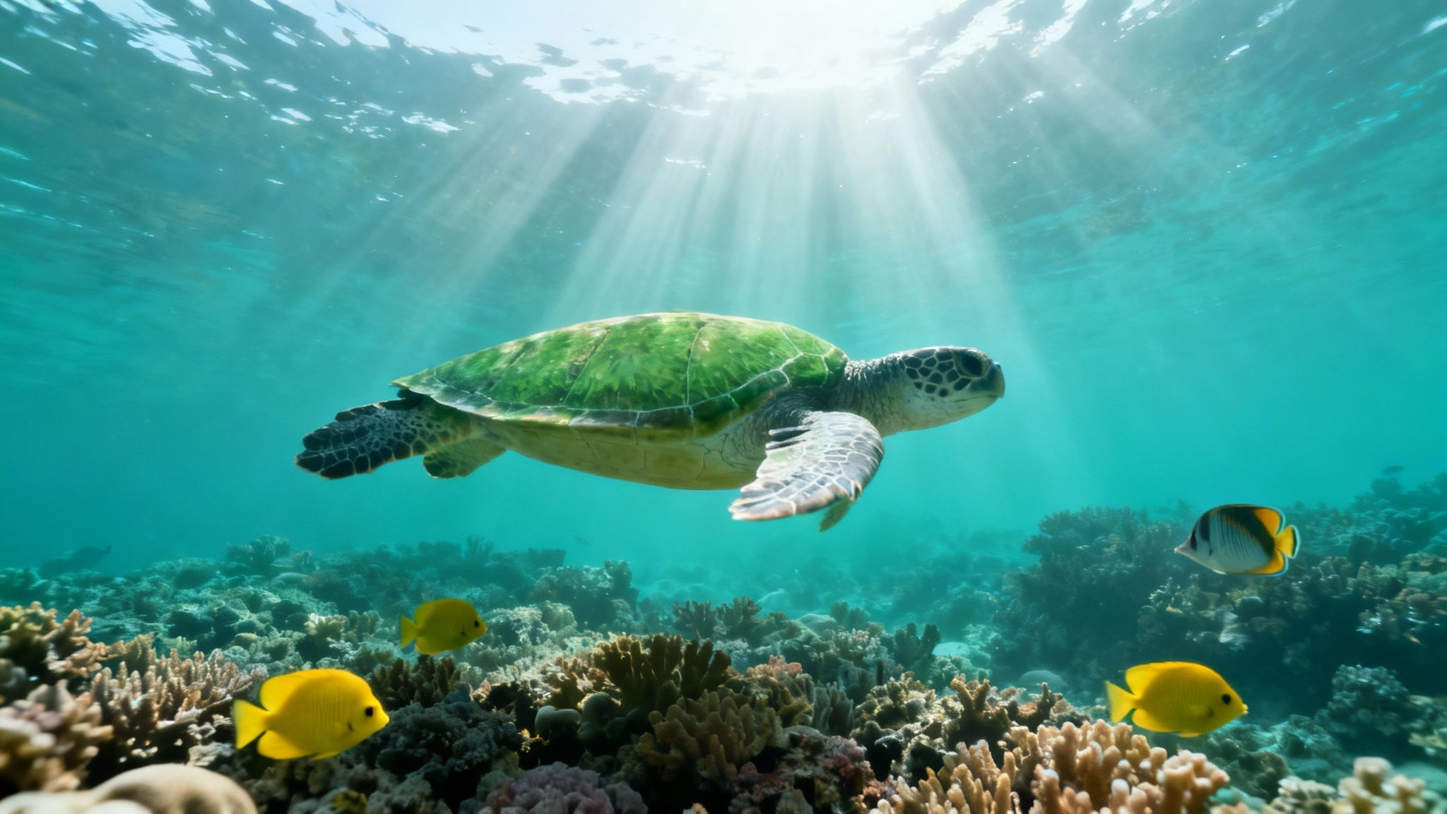 A majestic green sea turtle swims gracefully over a vibrant coral reef with colorful fish and sunbeams.