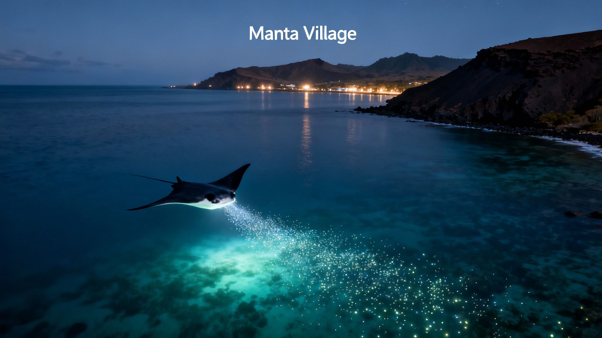 Manta ray swimming in glowing bioluminescent water at night with a lit coastal village.