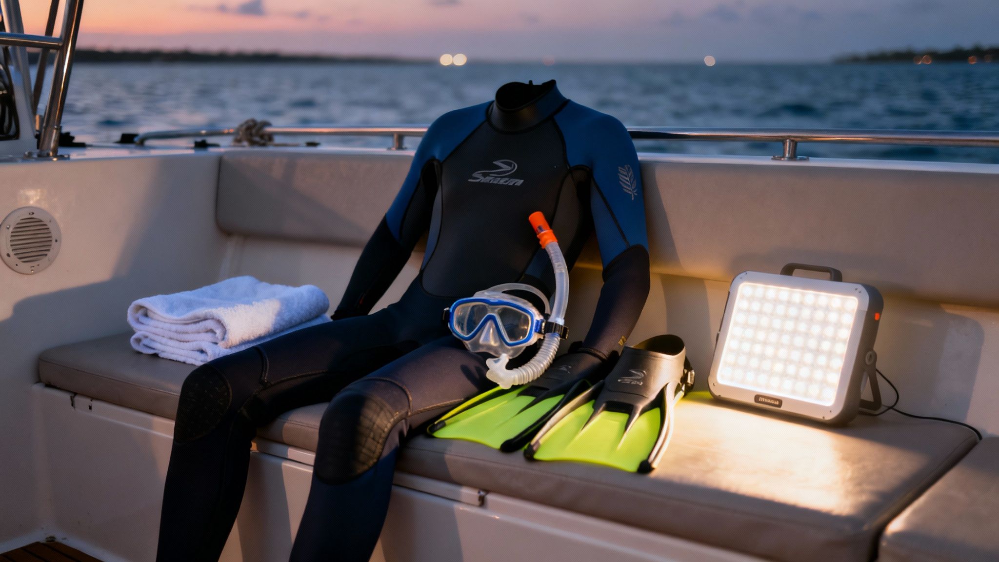 Snorkeling gear including a wetsuit, mask, snorkel, fins, and a bright LED light on a boat.