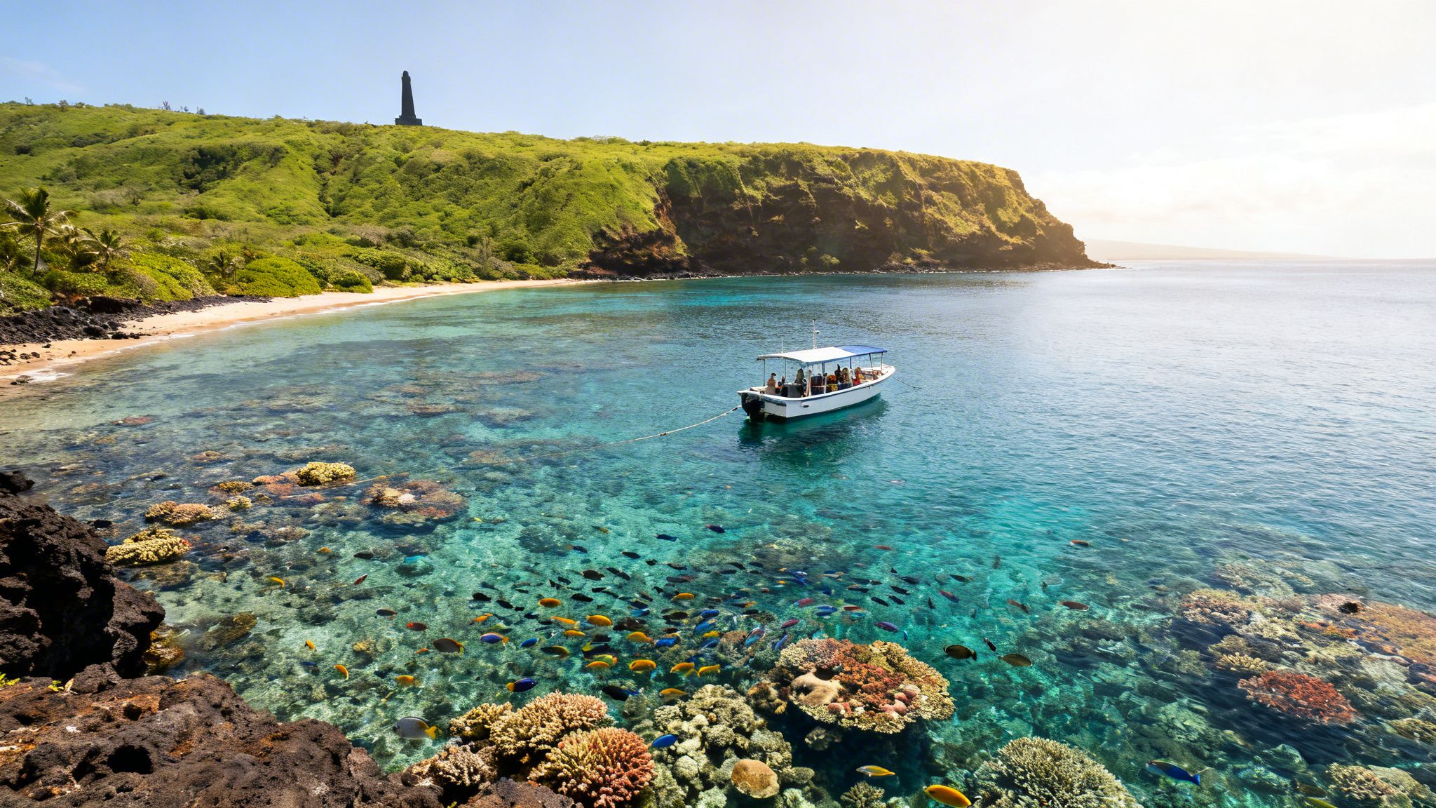 A vibrant tropical bay with a clear turquoise ocean, coral reefs, colorful fish, and a boat.