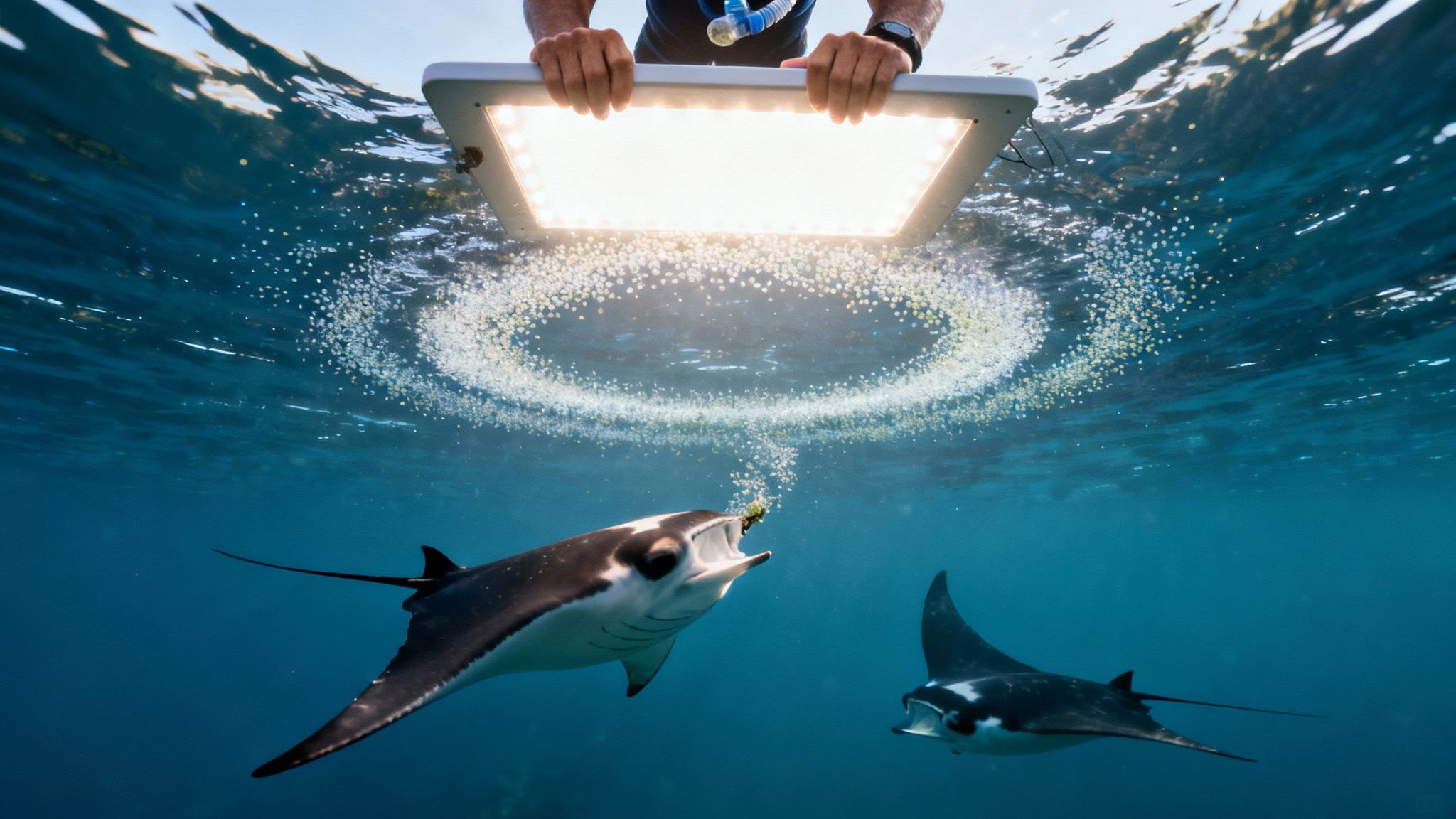A person holds a bright underwater light attracting two manta rays feeding on plankton at night.