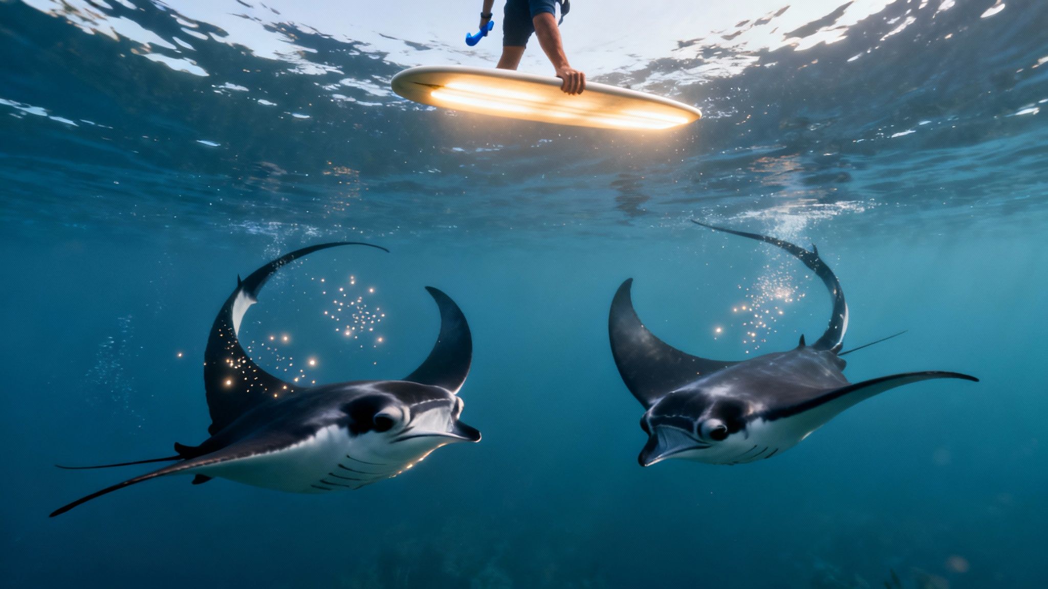 Two majestic manta rays swim gracefully underwater, observed by a person on a glowing surfboard.