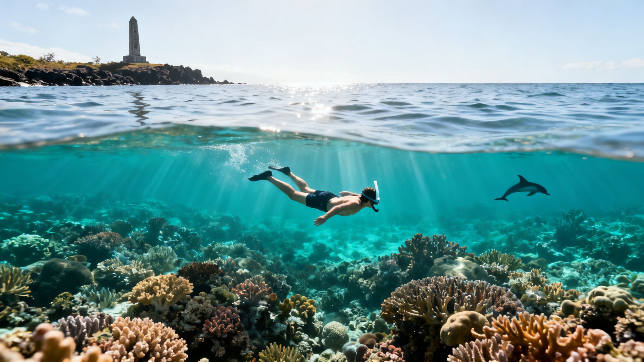Split view of a man snorkeling with a dolphin over a coral reef, a monument on the shore.