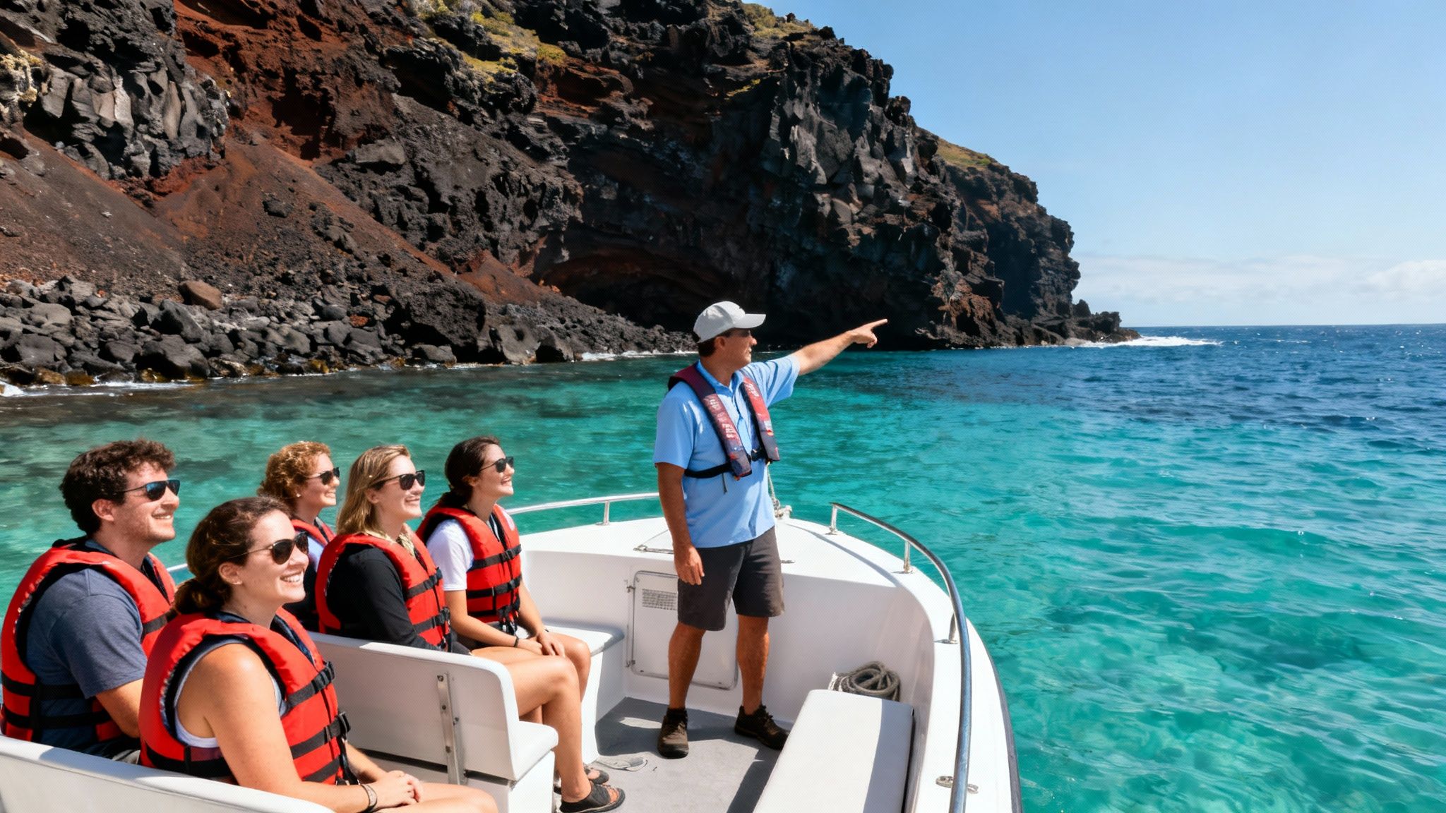 A boat guide points to the clear blue ocean as tourists enjoy a coastal tour near rocky cliffs.