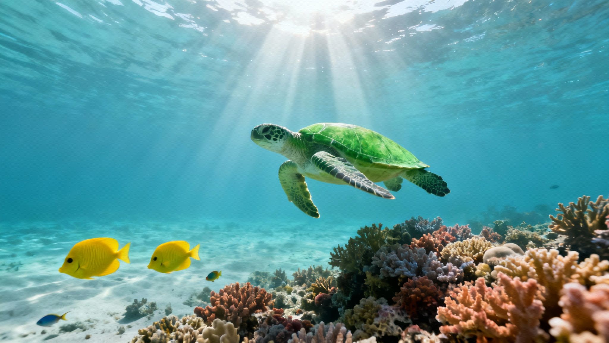 Green sea turtle swims above colorful coral reef with yellow fish and sun rays in clear blue water.