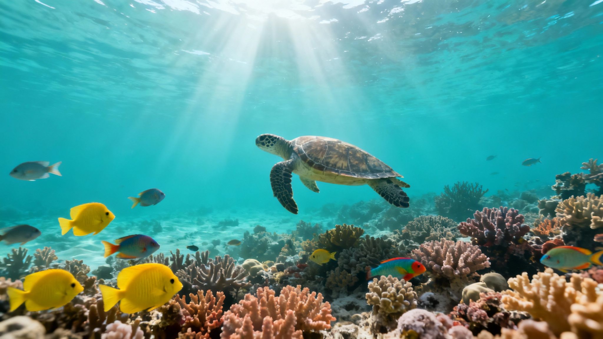 Snorkelers floating in the crystal-clear turquoise waters of Kealakekua Bay, with vibrant coral visible below.