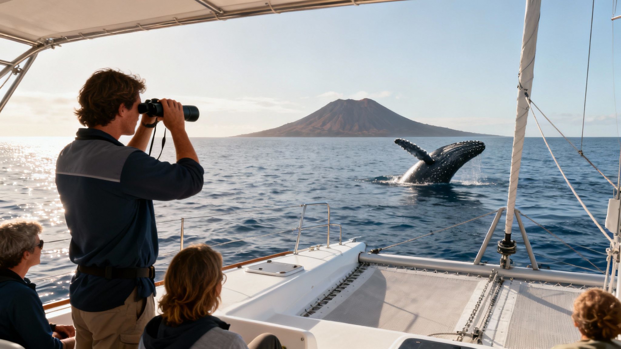 People on a boat watch a humpback whale breaching near a volcanic island at sunset.