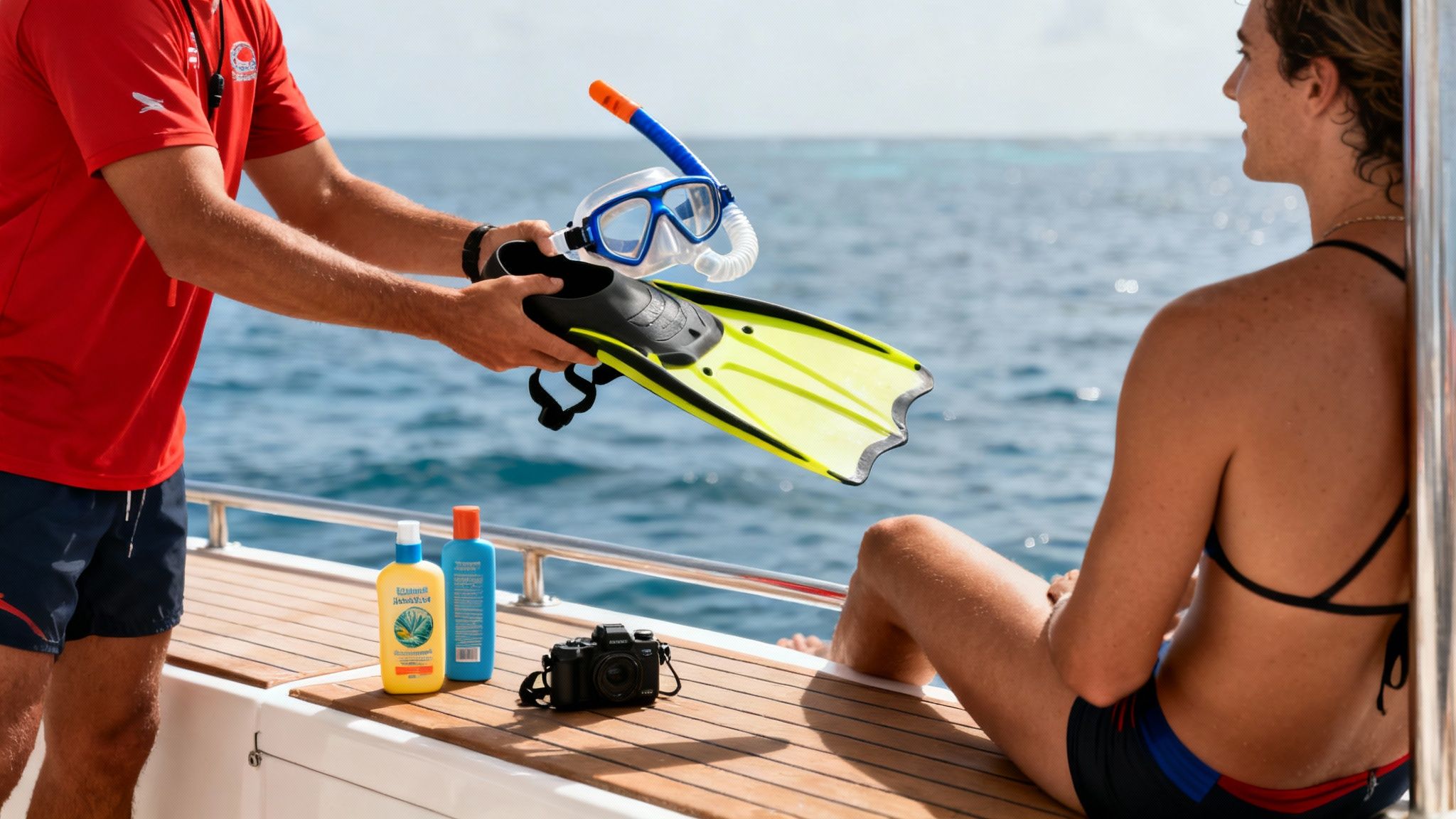 A person on a boat hands snorkeling gear to another person, ready for ocean fun.