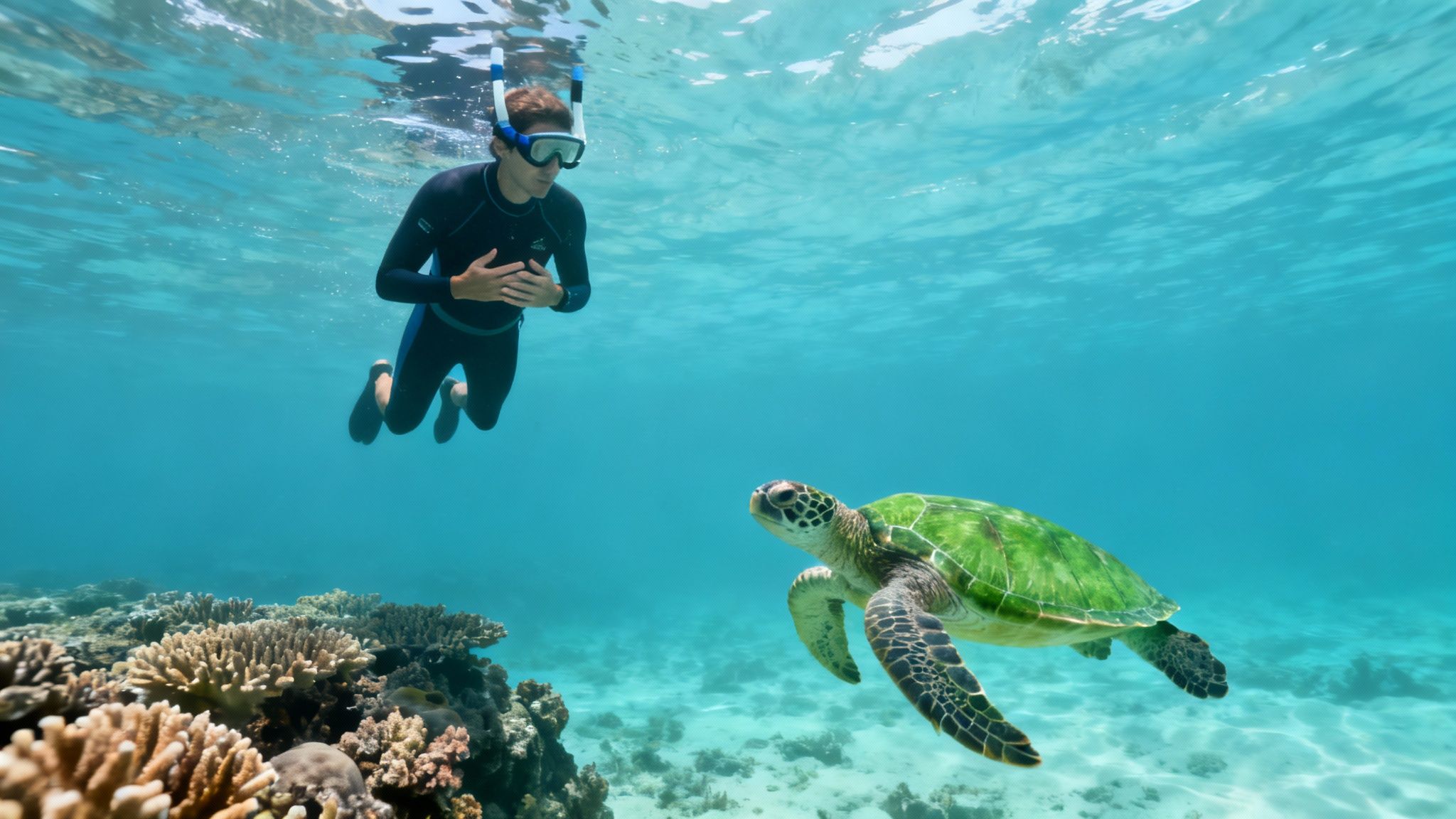 A snorkeler observes a Hawaiian green sea turtle from a safe distance in Kealakekua Bay