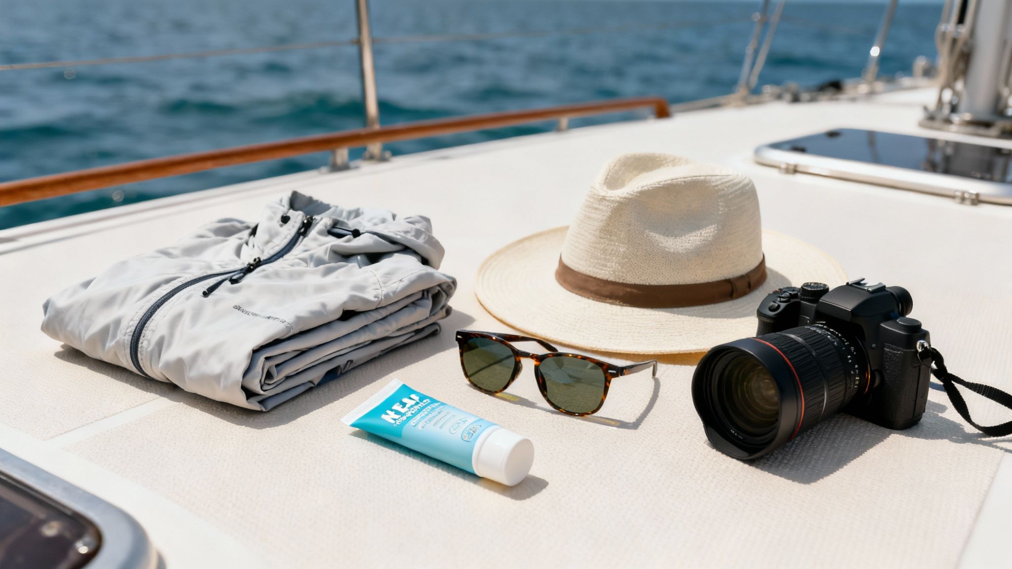 Travel essentials on a boat deck: a grey jacket, straw hat, sunglasses, sunscreen, and camera.