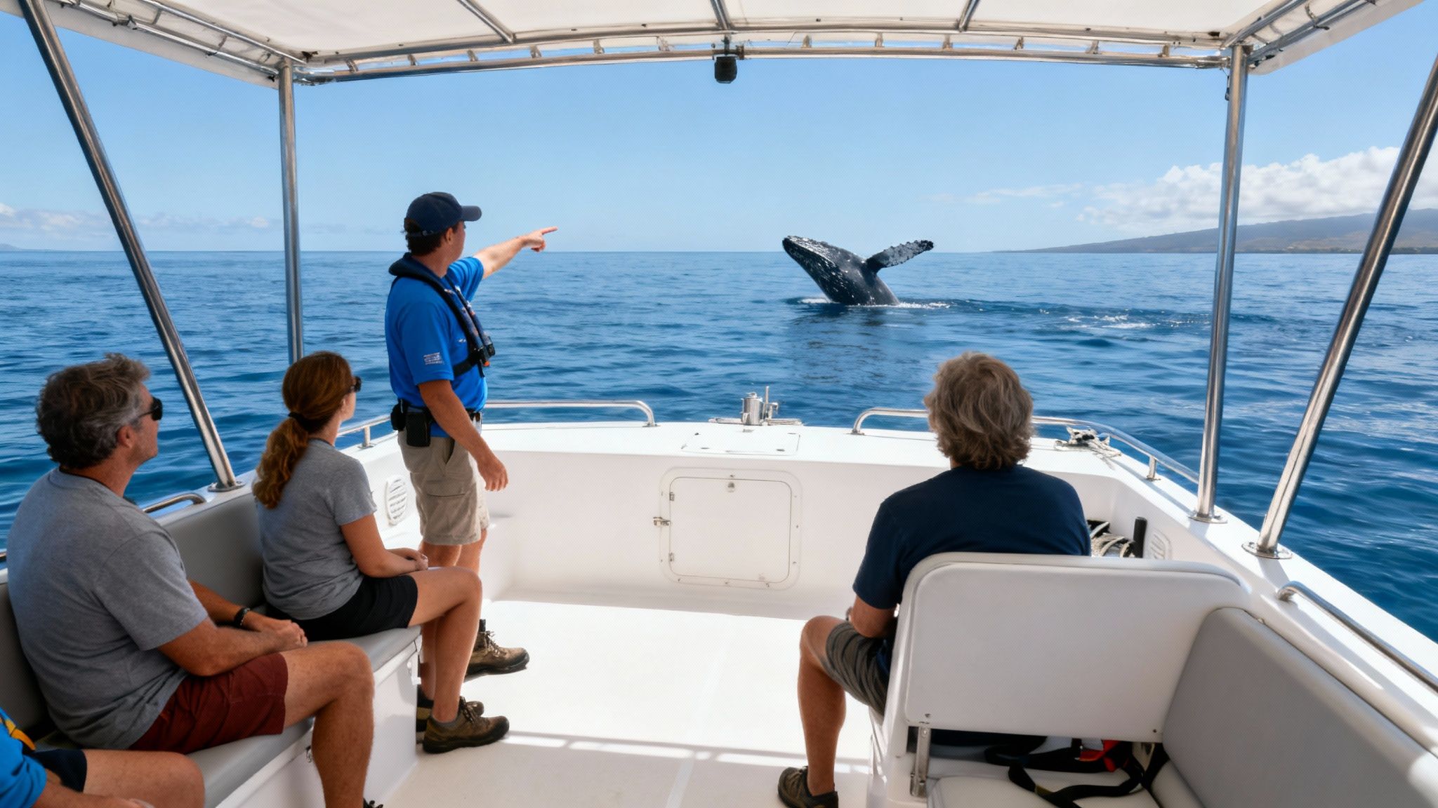 Enthusiastic tourists on a boat watch a magnificent humpback whale breaching high out of the clear blue ocean.