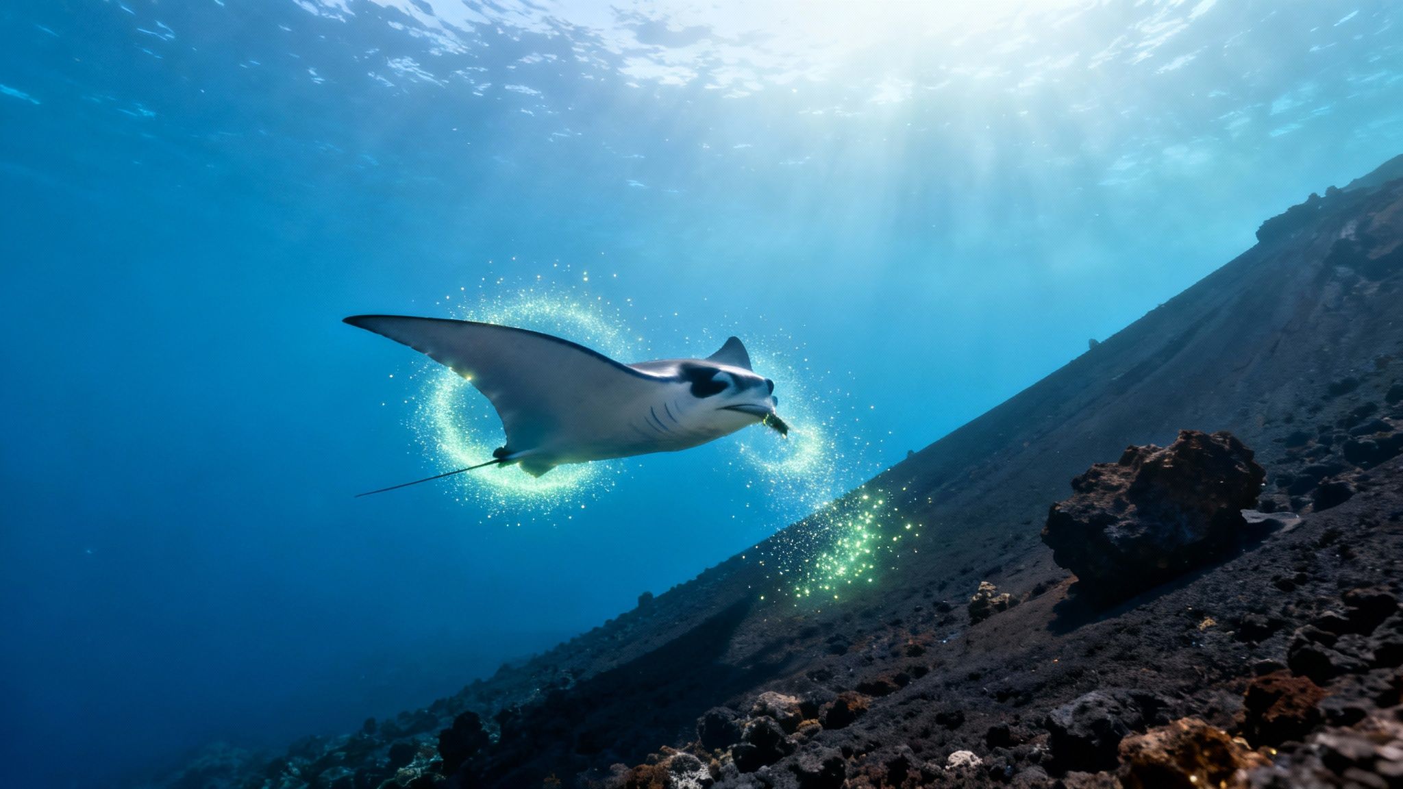 A massive manta ray swims gracefully in the dark ocean, illuminated by lights from above where snorkelers are floating.