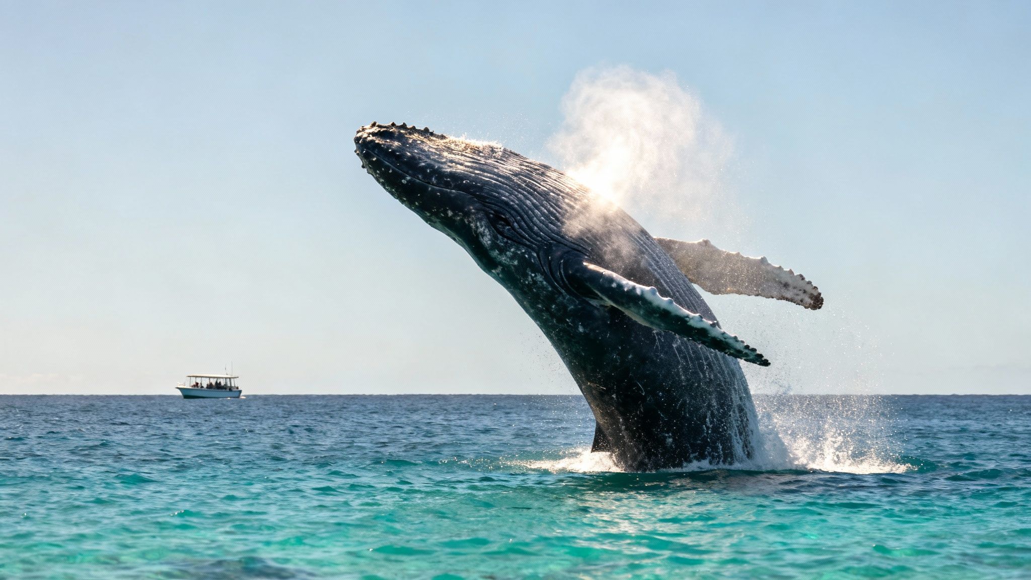 A humpback whale breaching dramatically near a whale watching tour boat on the Big Island.