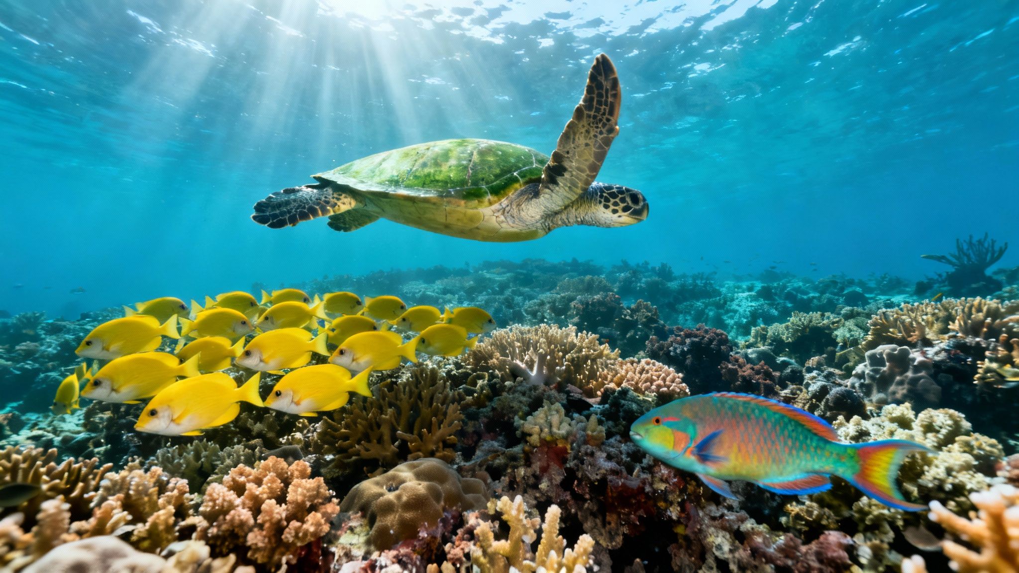 A green sea turtle swims above a vibrant coral reef with yellow fish and a colorful parrotfish, bathed in sunlight.