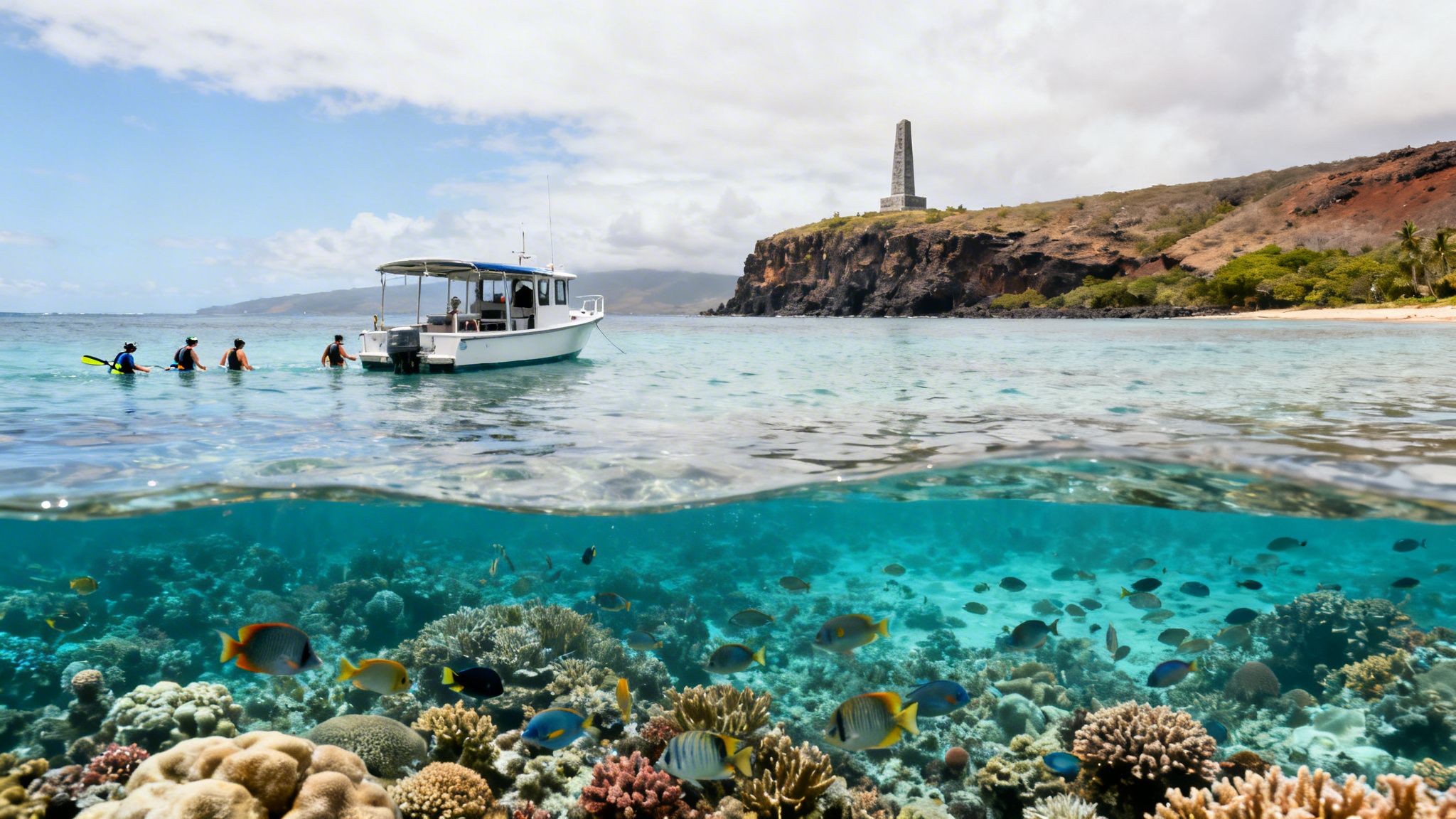 An over/under photo showing snorkelers and a boat above water, and a vibrant coral reef with fish below.