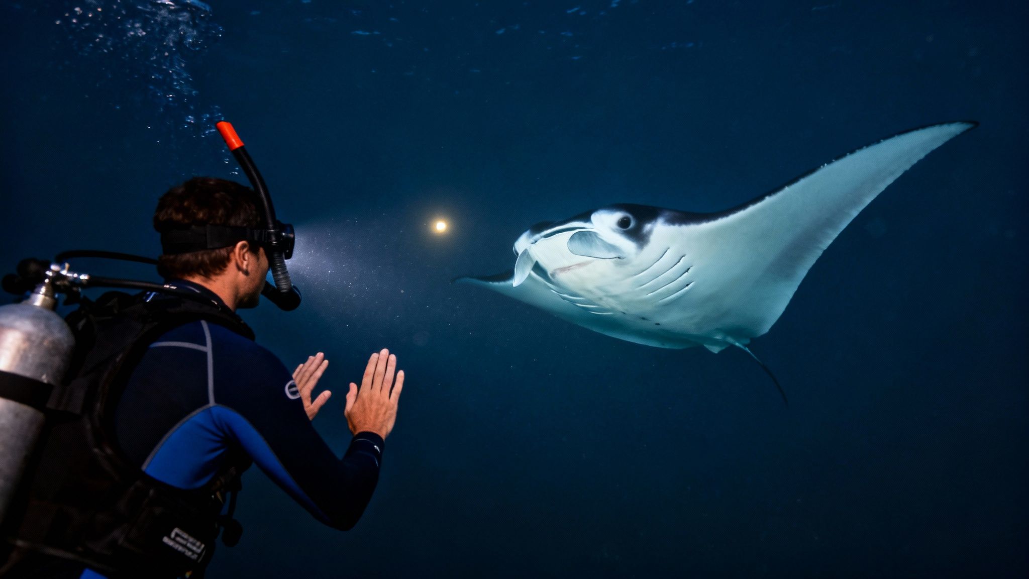 A close-up shot of a manta ray's gills as it glides through the water.