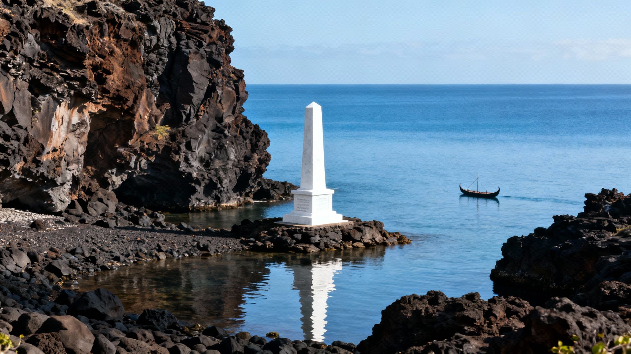 White obelisk monument on a rocky shore overlooking a calm blue ocean with a traditional boat.