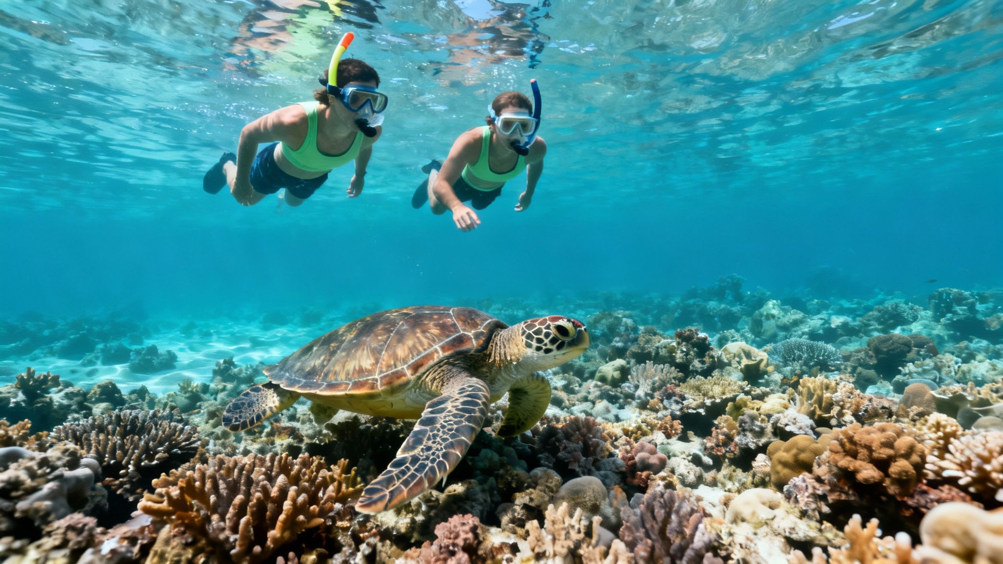Two snorkelers observe a green sea turtle swimming over a vibrant coral reef.