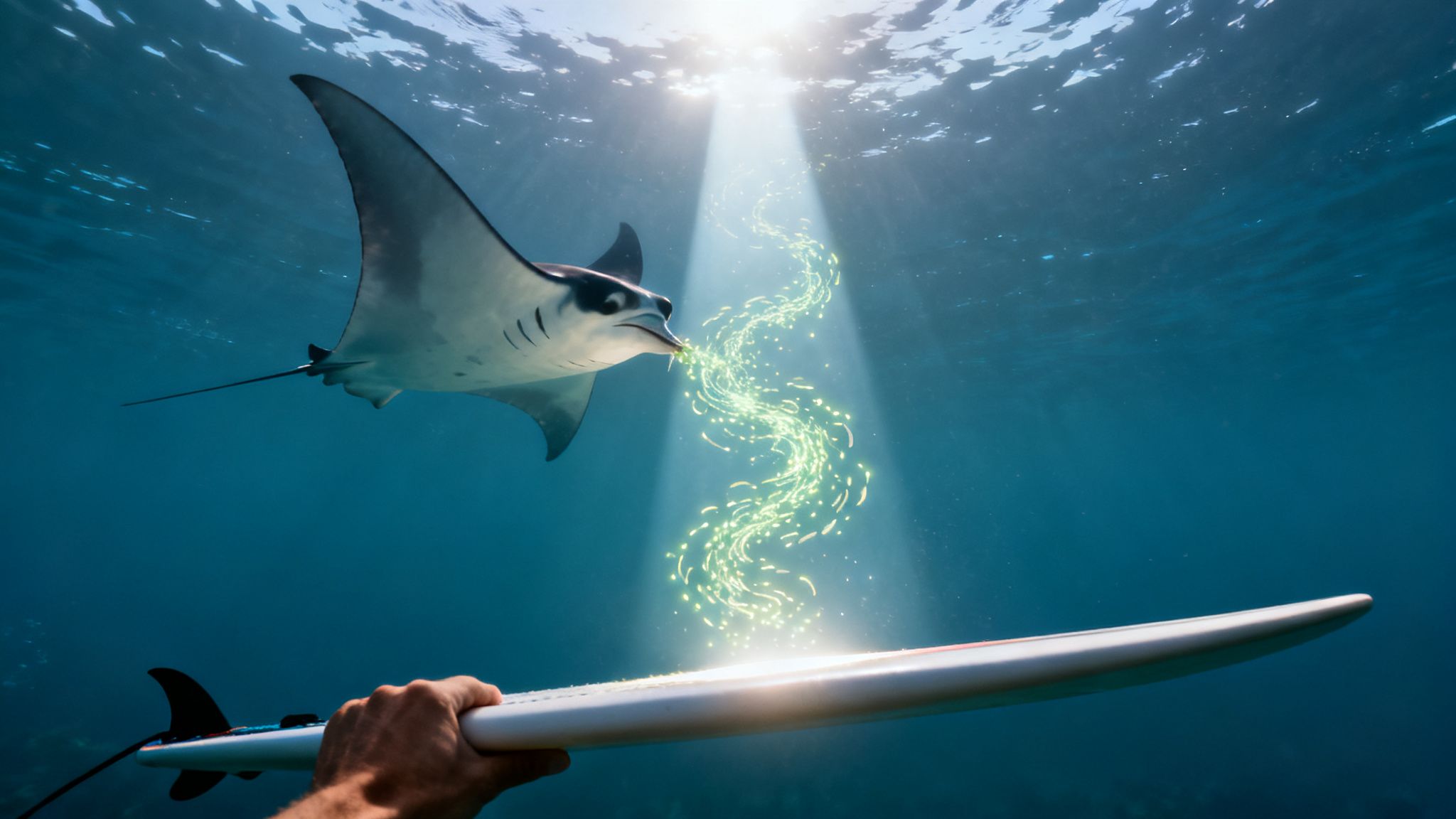 An underwater shot of a manta ray emitting glowing particles towards a surfboard held by a person, with sun rays from above.