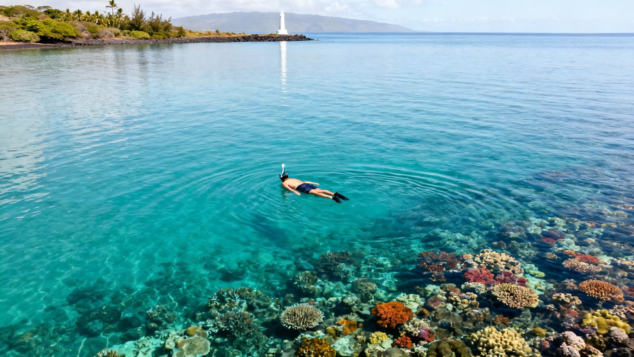 Snorkeler floating above vibrant coral reef in crystal clear turquoise Hawaiian waters near lighthouse